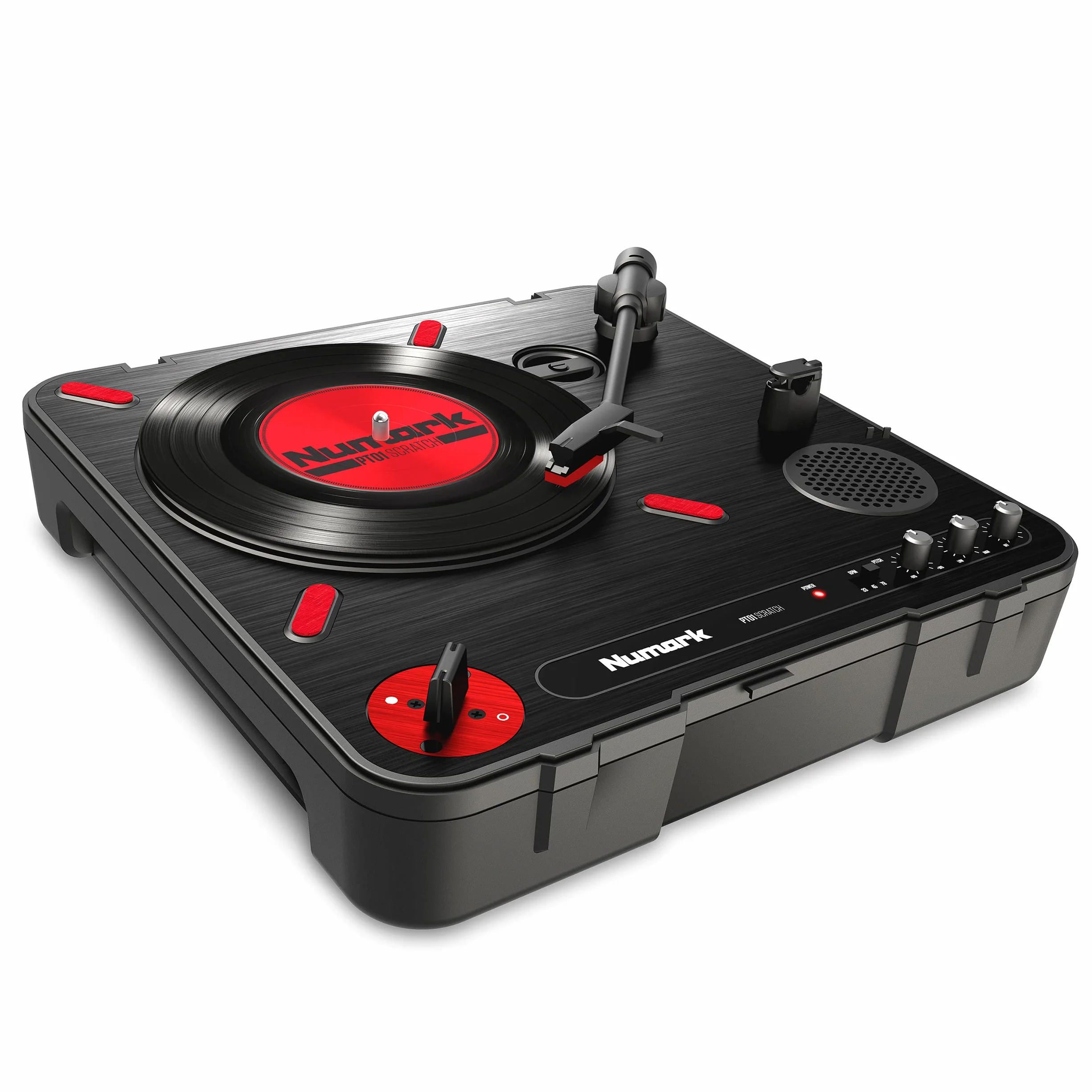 Numark PT01 Scratch Giradischi Portatile per DJ con Switch Sostituibile, Altoparlante Integrato, Alimentazione a Batterie o Rete, 3 Velocità e Connessione USB