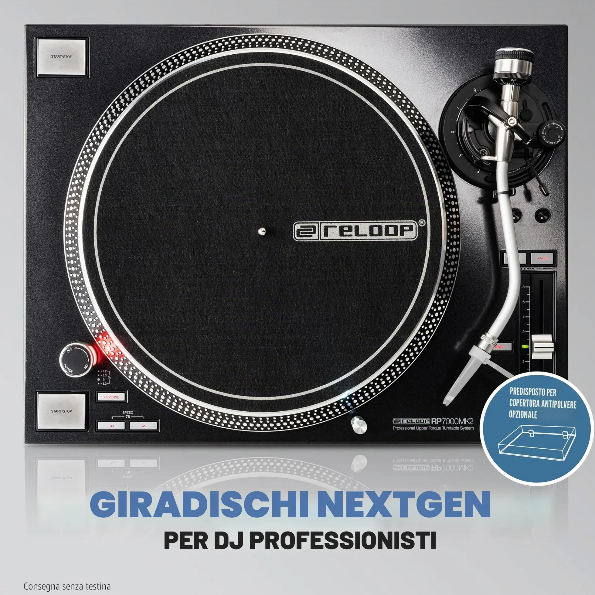 Reloop RP-7000 MK2 - Giradischi professionale per DJ con trasmissione diretta Upper Torque Quartz, nuova base del braccio, regolabile in altezza