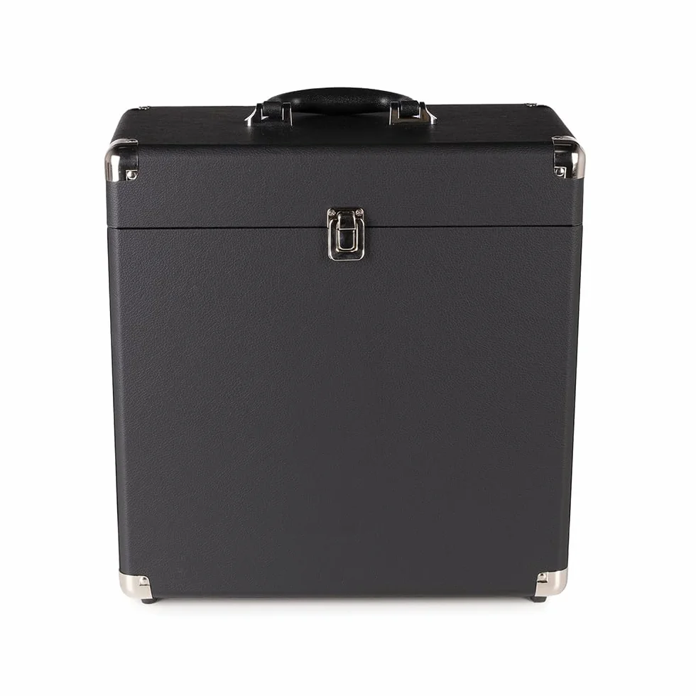 RC32 - Custodia per dischi in vinile, elegante e resistente, con morbida fodera in flanella, contiene 30-35 dischi, chiusura in metallo, cerniera e maniglia.
