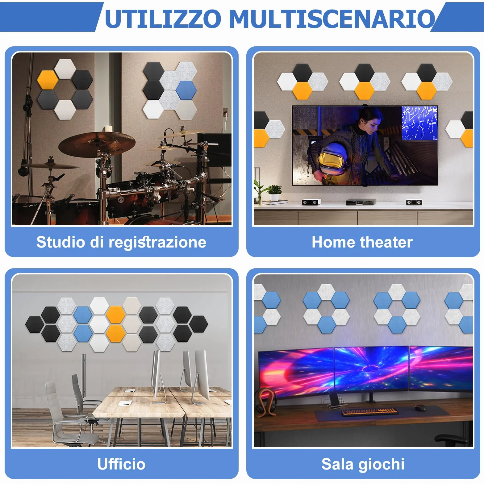 GUUSII HOME Pannelli Fonoassorbenti Pareti 30x25.5cm Esagonali Antirumore Poliestere Acustico 12 Pezzi Azzurro Cielo