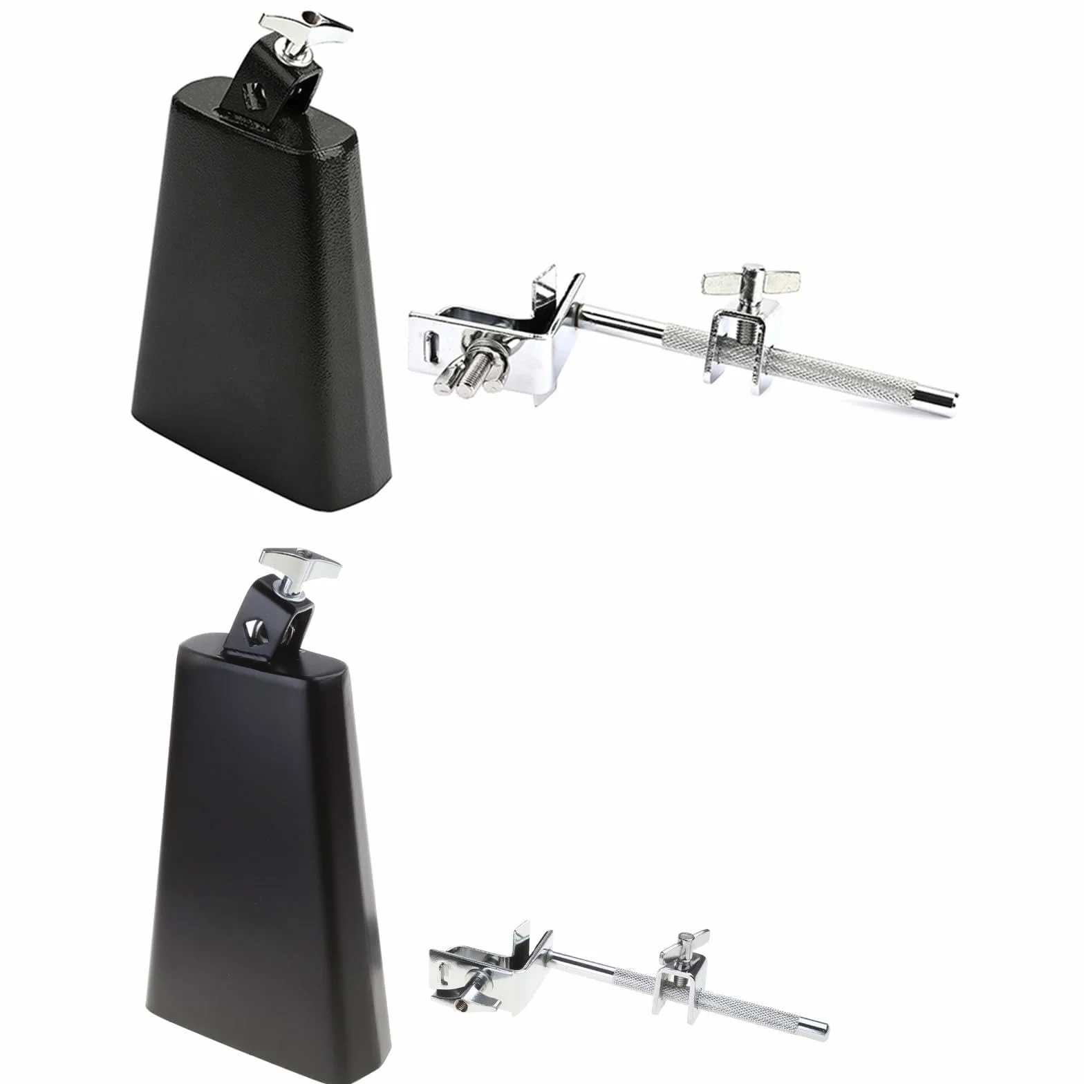 Campanaccio in metallo con supporto per campanaccio montato a cerchio per batteria, morsetto accessorio per percussione, regolare un campanaccio verso l'alto o verso il basso