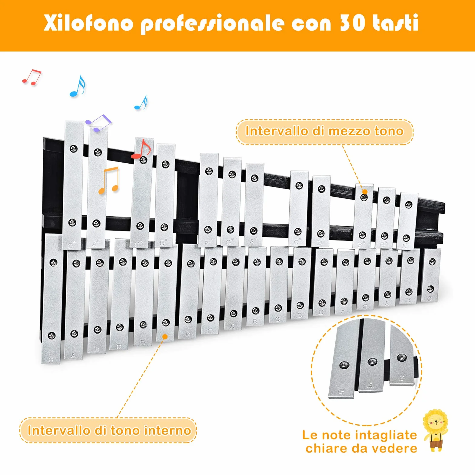 GOPLUS Xilofono con 30 Tasti, Metallofono Pieghevole con Borsa, Strumento Musicale a Percussione con Cornice di Legno, Perfetto per Studenti, Principiante e Amanti della Musica, Nero e Argento