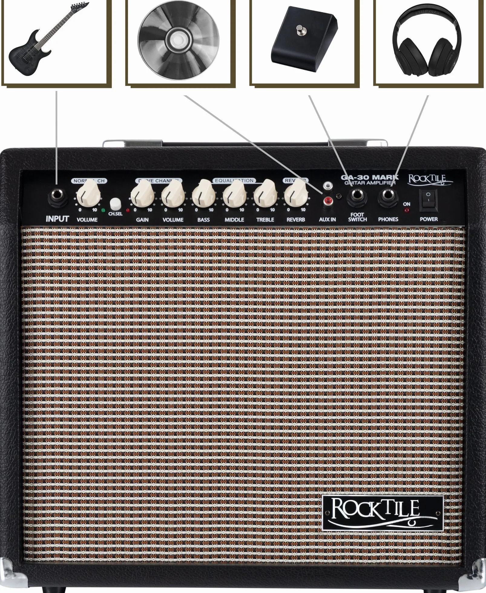 Amplificatore per Chitarra Rocktile GA-30 Mark (combo chitarra 30 watt, 2 canali (Clean/Drive), speaker 8", con effetto riverbero nero