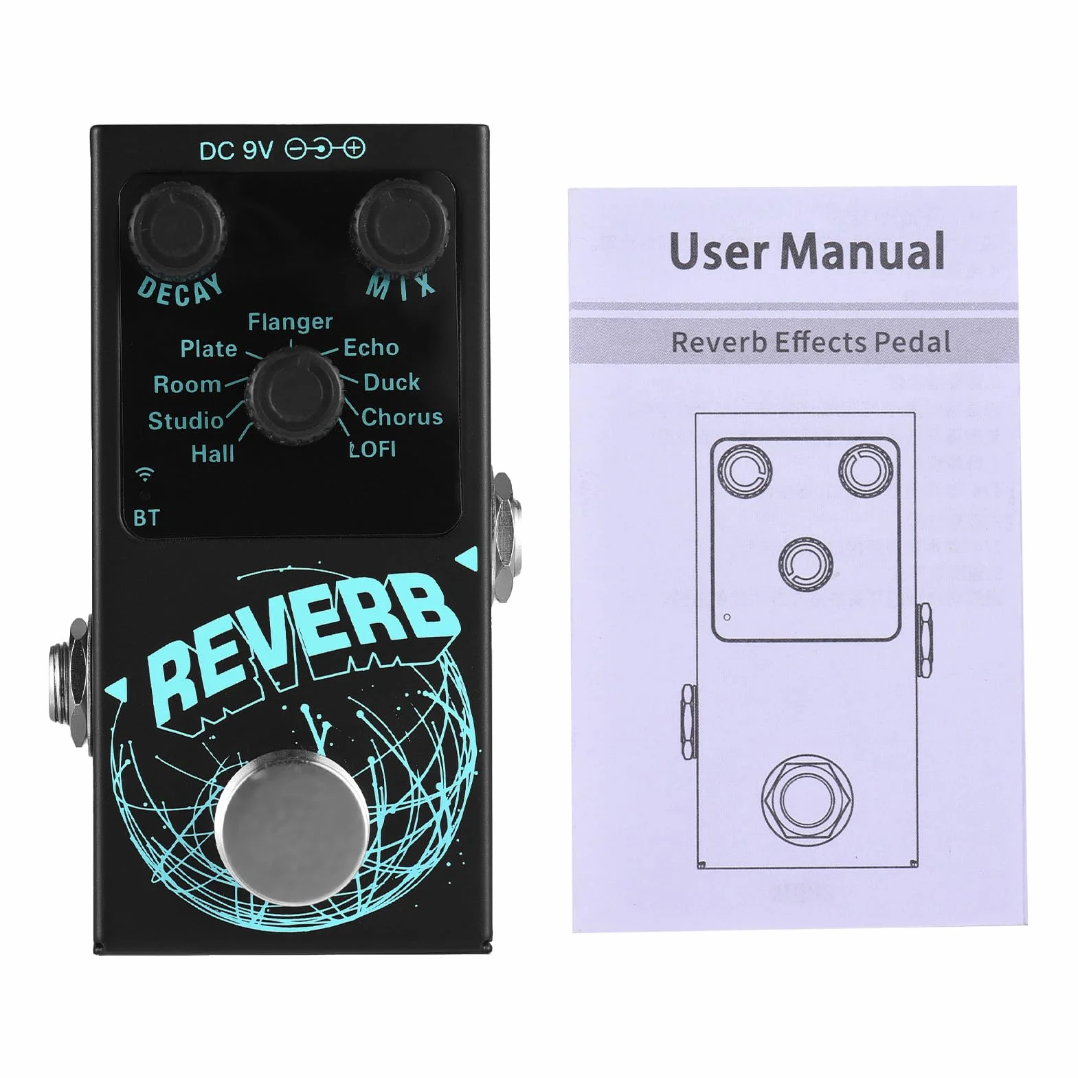 Pedale Effetti Riverbero, 9 Tipi di Riverbero, Chitarra Elettrica Hall/Studio/Room/Plate/Echo/Flanger/Duck/Chorus/LOFI, DECAY/MIX, Portatile, BT 5.4, USB, Metallo