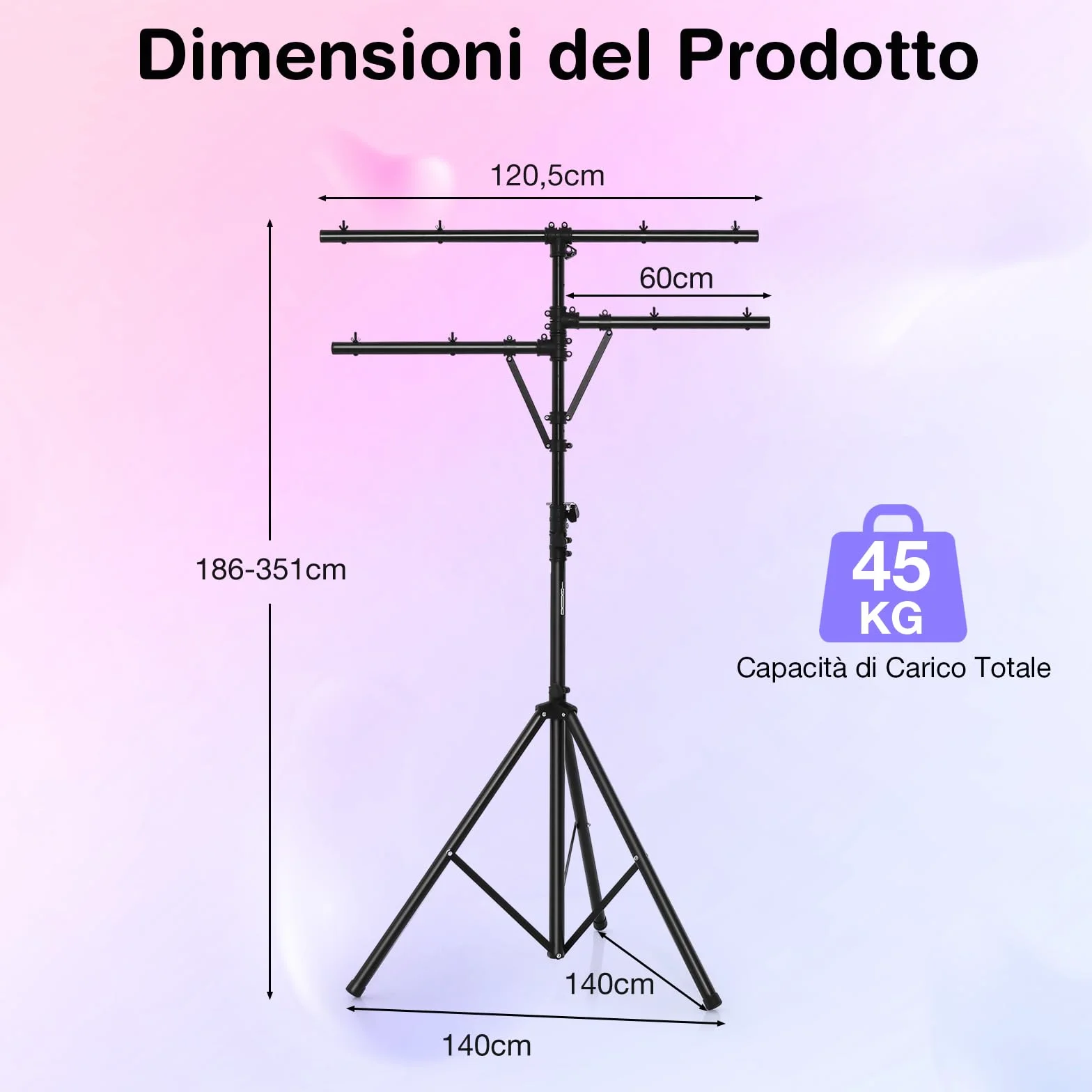 GYMAX Supporto Luci, con Traversa e Base a Tre Gambe, Fino a 8 Luci, Design Regolabile in Altezza, Materiale in Acciaio, 186-351 cm, Nero