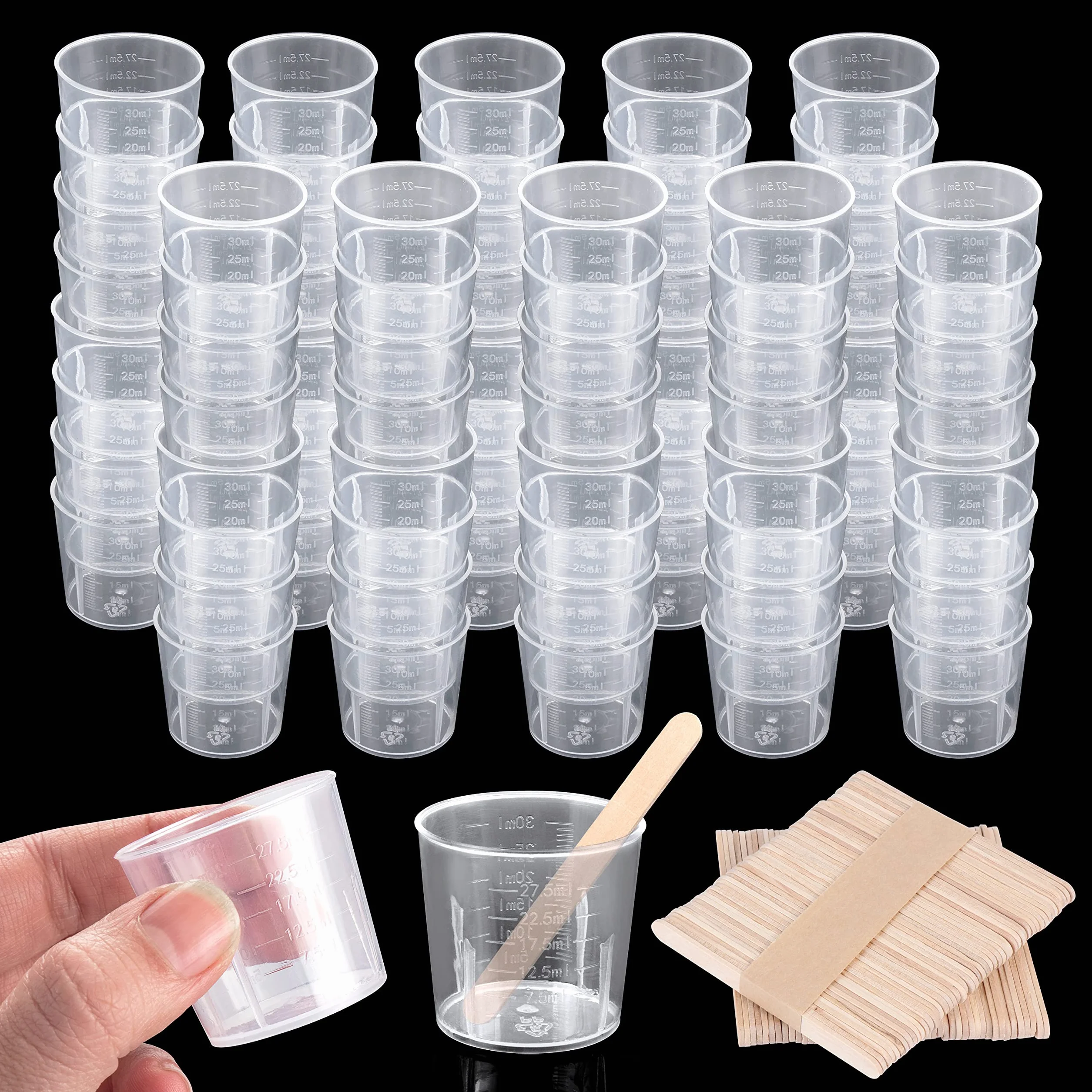 80 Pezzi Misurino Graduato in Plastica Durevole | 30ml Bicchiere di Miscelazione con Scala | con 100 Pezzi Bastoncini di Legno | per Vernice Epossidica, Resina e Pittura