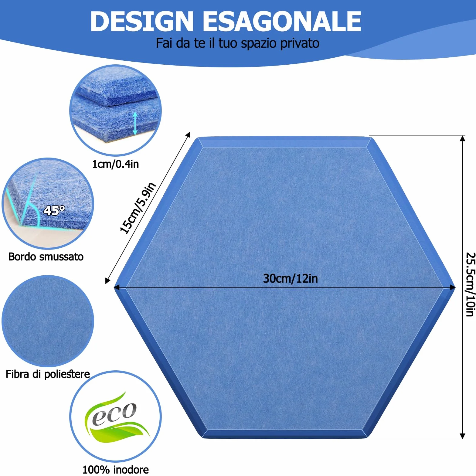 GUUSII HOME Pannelli Fonoassorbenti Pareti 30x25.5cm Esagonali Antirumore Poliestere Acustico 12 Pezzi Azzurro Cielo