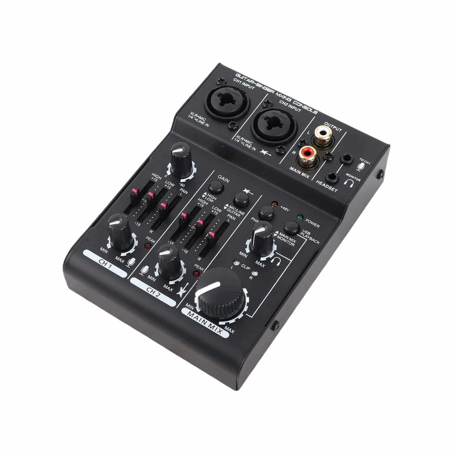 Wakects Mini Mixer di Schede Audio a 2 Q303 con USB, Feed Fantasma 48 V, Equalizzatore, Suono Professionale per DJ e Musicisti