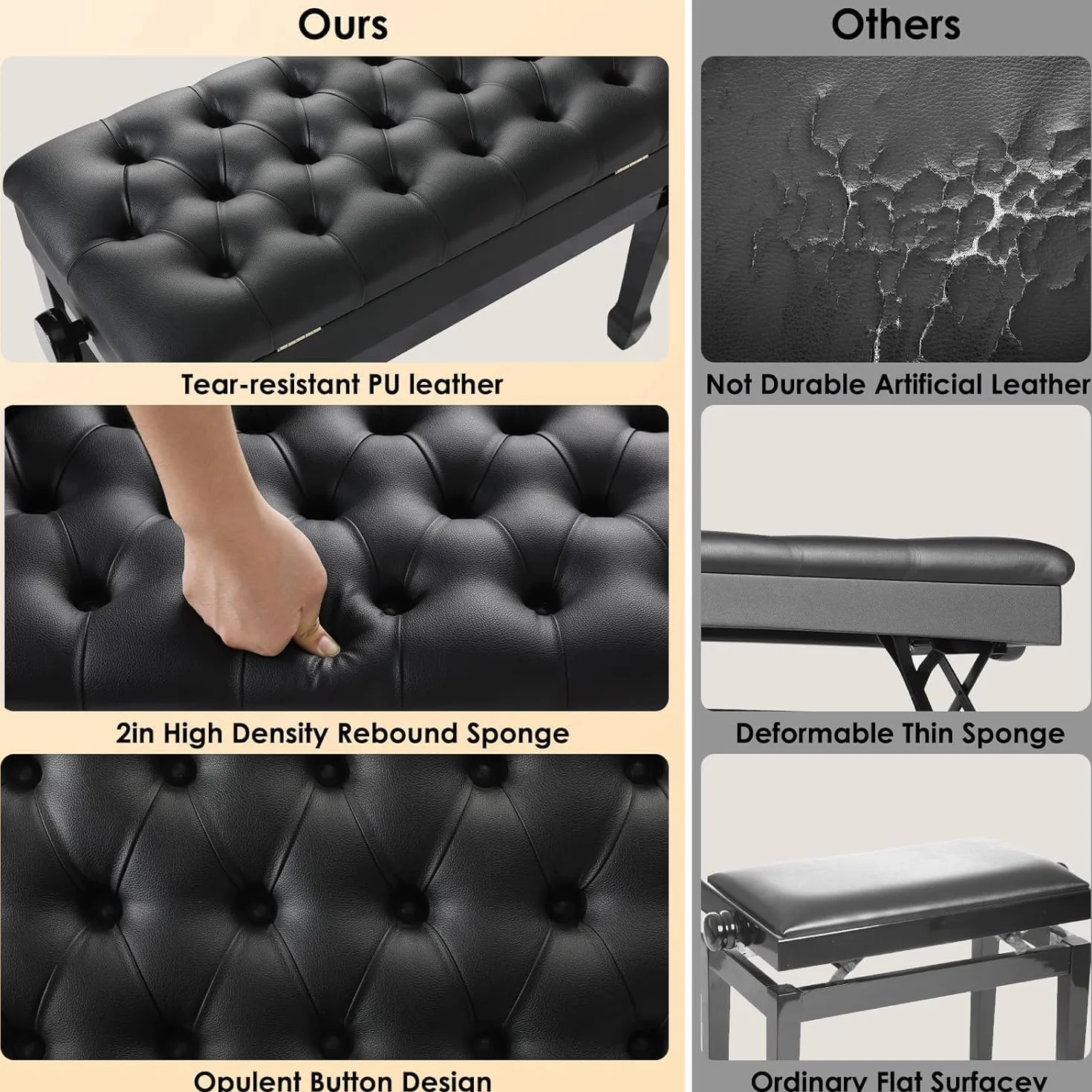 LIFERUN Sgabello per Pianoforte Regolabile 50-58 cm, Panca Pianoforte con Vano Portaoggetti, Sgabello Pianoforte per Duetto in Pelle PU Ispessita con Gambe Curve in Legno, Nero