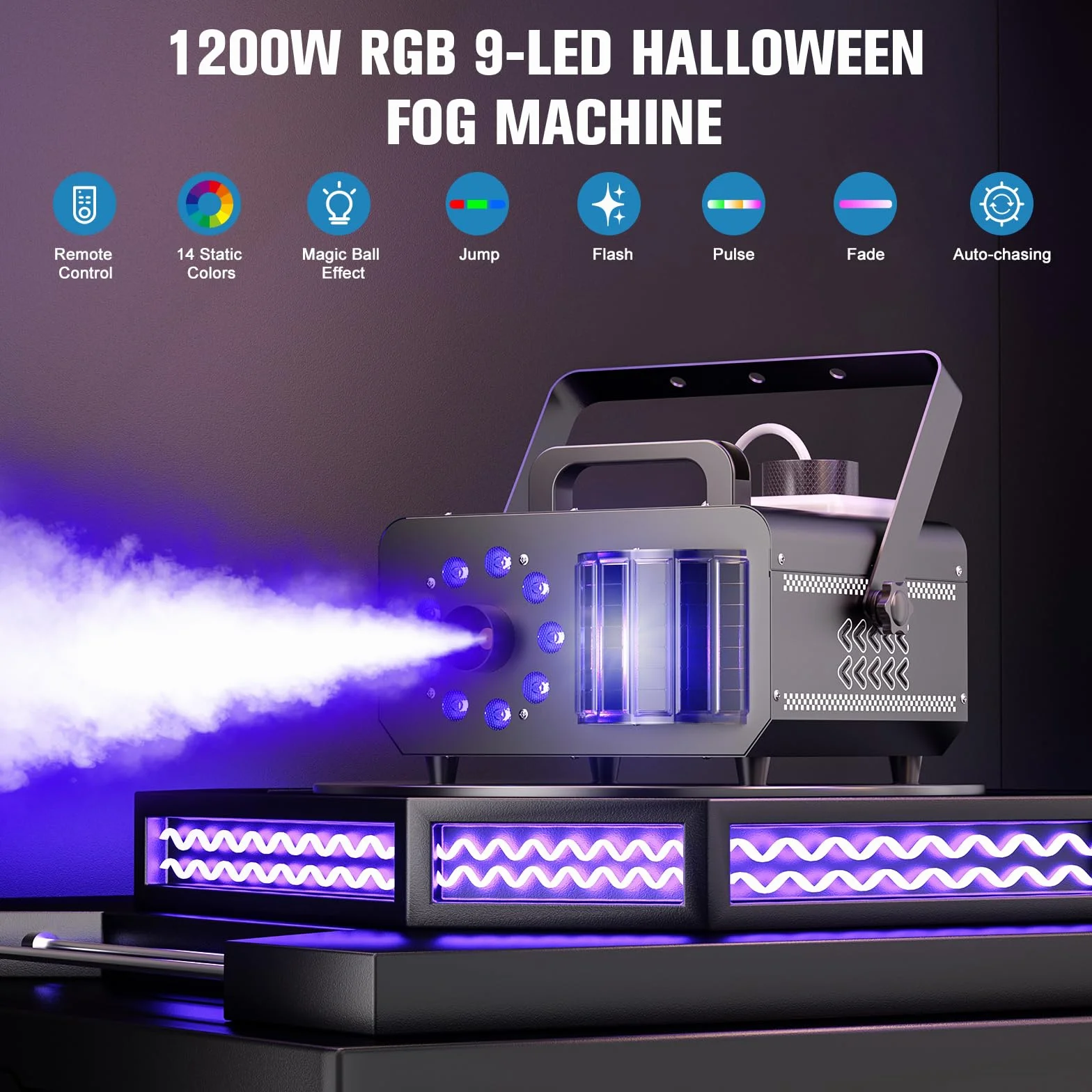 Macchina per il fumo da 1200 W, con effetto magico a sfera e 9 LED RGB, 4 modalità dinamiche + 14 colori ambientali statici, telecomando senza fili, per DJ, Halloween, eventi sul palcoscenico