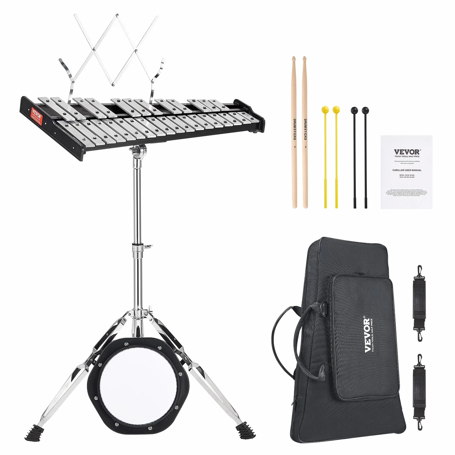 VEVOR Kit Campana Xilofono Glockenspiel a 30 Note, Strumento a Percussione Professionale con Mazze, Bacchette, Leggio, Pad 203 mm, Supporto Regolabile e Borsa per il Trasporto per Studenti e Adulti