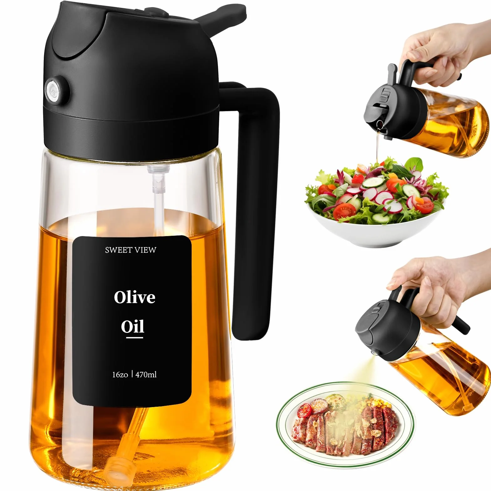 SWEET VIEW 2 in 1 Spruzzatore Olio e Dosatore Olio, 470ml Bottiglia Olio d'Oliva Vetro per Cucina, Insalata, Barbecue (Nero)