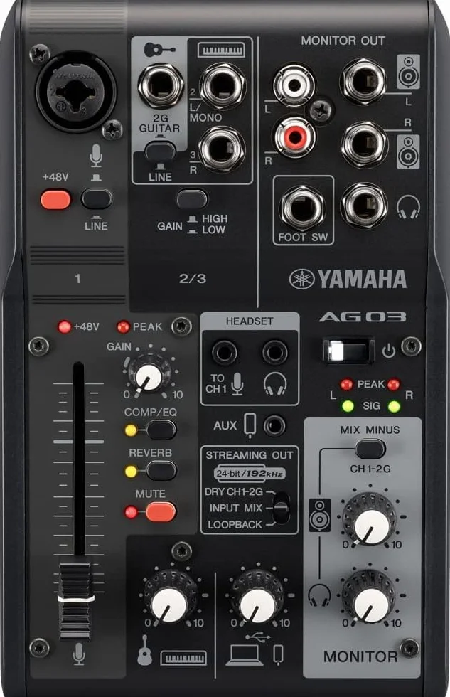 Mixer Yamaha AG03MK2 Mixer a 3 Canali per Streaming Live con Interfaccia Audio USB, per Windows, Mac, iOS e Android, Nero