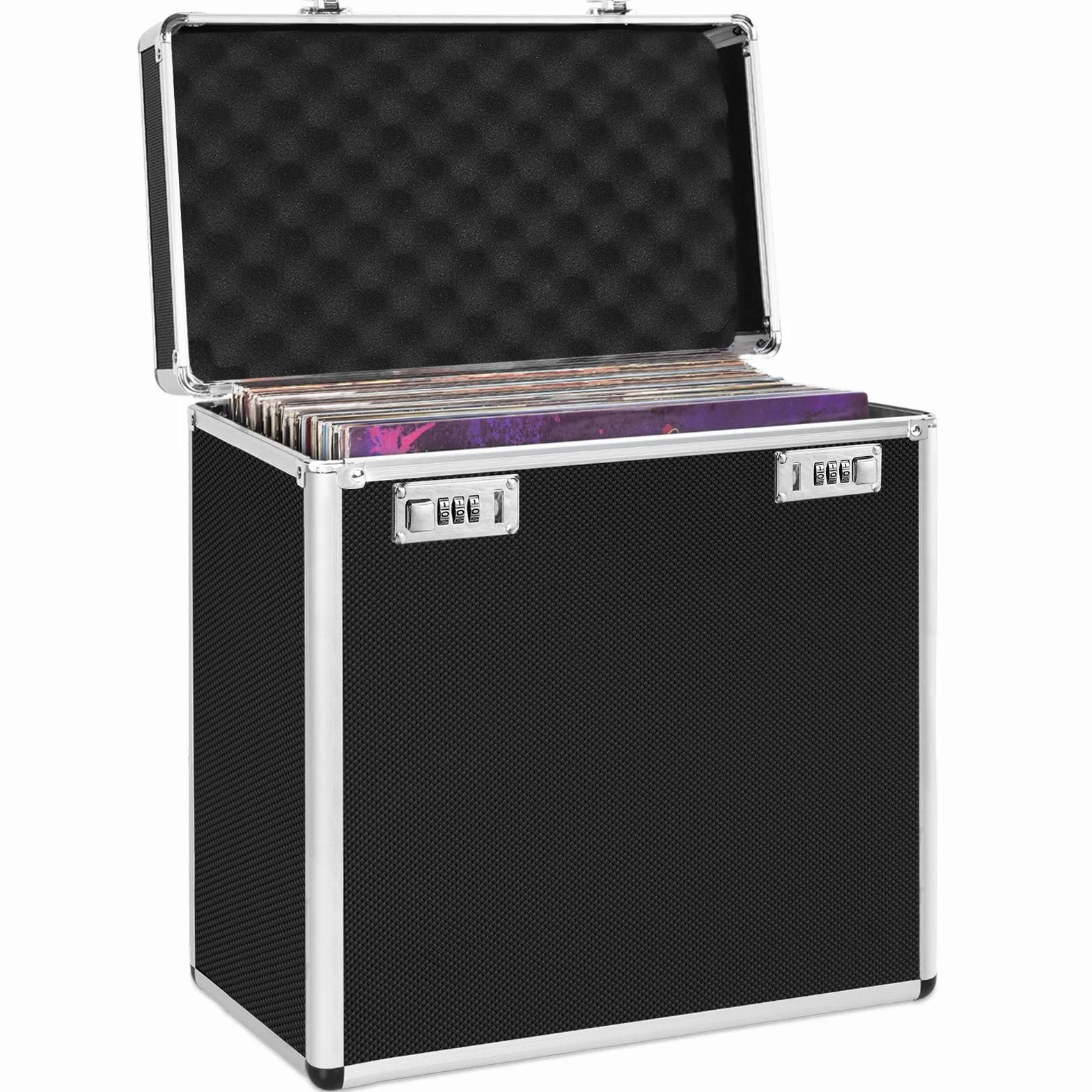 OUTMEE Valigetta in vinile per circa 50 LPs, design in lega di alluminio, nera, 340x365x205 mm