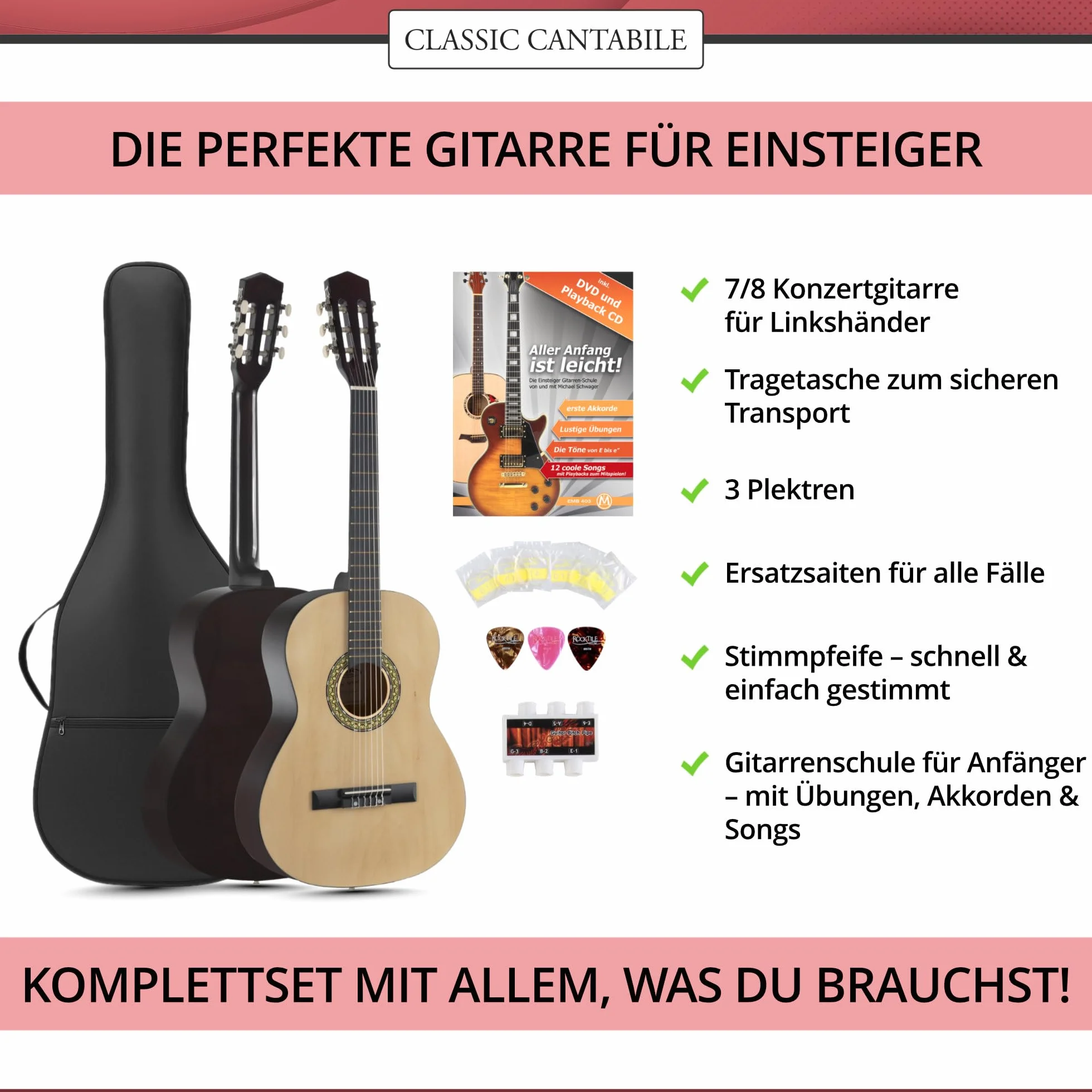 Classic Cantabile Acoustic Series AS-851-L Chitarra Classica 7/8 per Mancini Starter-SET (chitarra da concerto, borsa/custodia, scuola, CD, DVD, plettro, corde, diapason) naturale