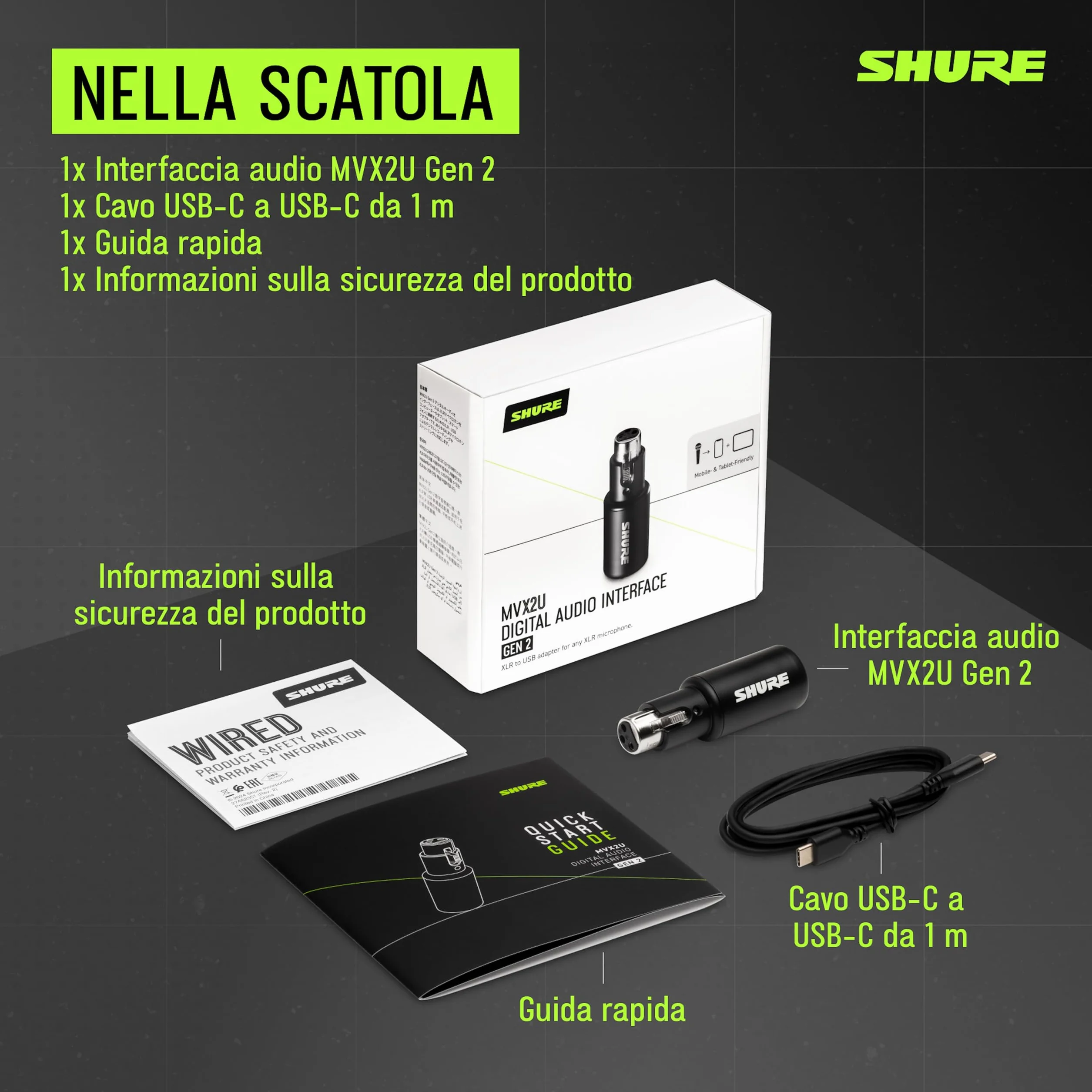 Interfaccia audio digitale Shure MVX2U Gen 2, adattatore da XLR a USB per microfoni, per la registrazione di contenuti, elaborazione digitale, compatibile con Mac e Windows, dispositivi iOS e Android