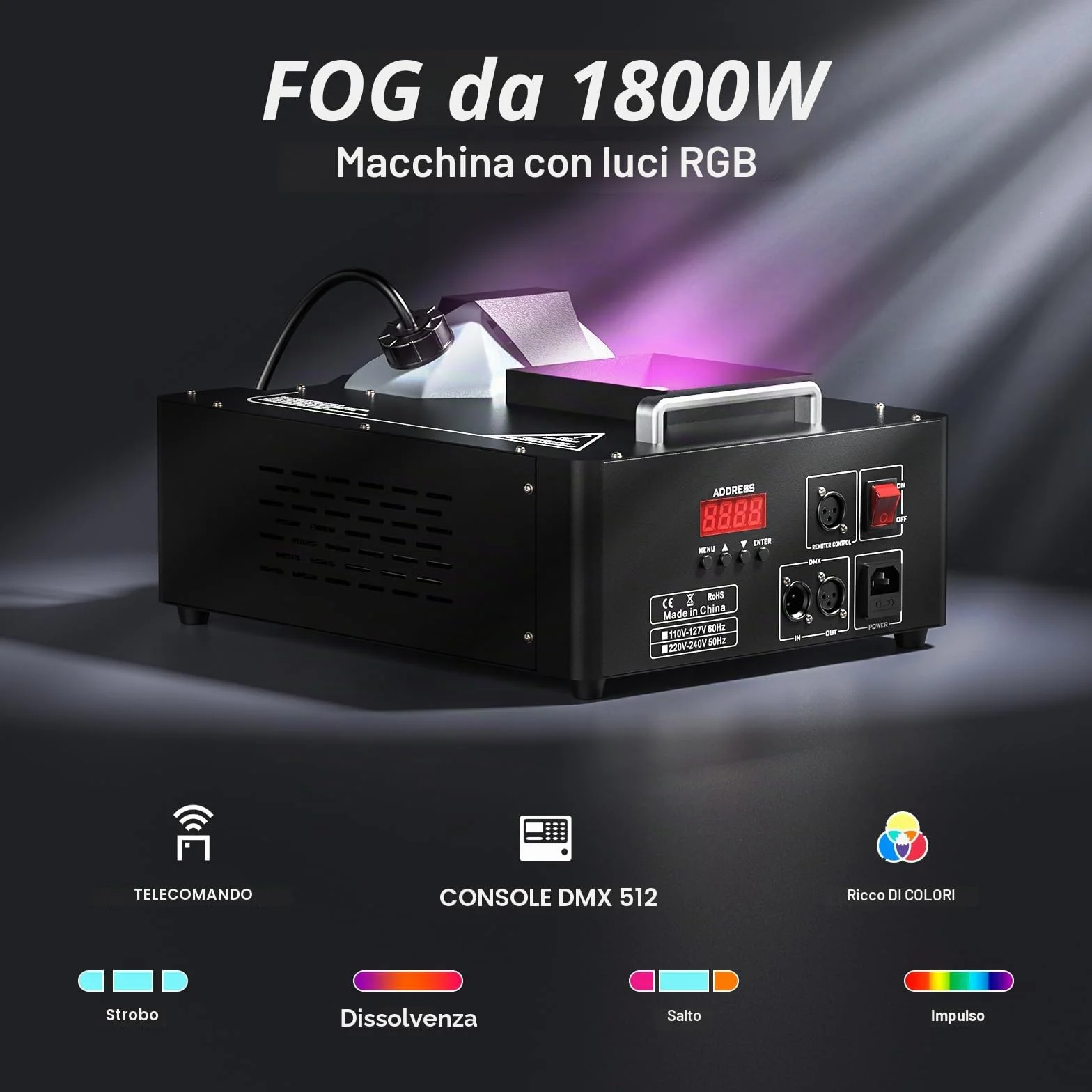 24 LED Macchina del Fumo Portatile, 1800W Macchine Fumo Discoteca Luci LED RGBW e Telecomando Wireless, Fog Machine per DJ Feste Nozze Halloween Natale e Effetti su Palco