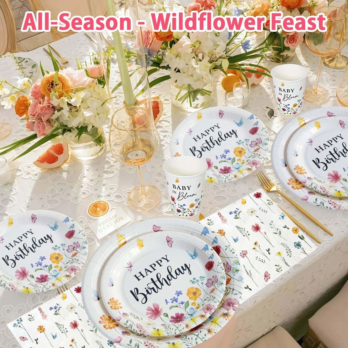 Stoviglie per Feste Fiori di Campo 25 Ospiti 100pcs Piatti Bicchieri Tovaglioli Set Decorazioni