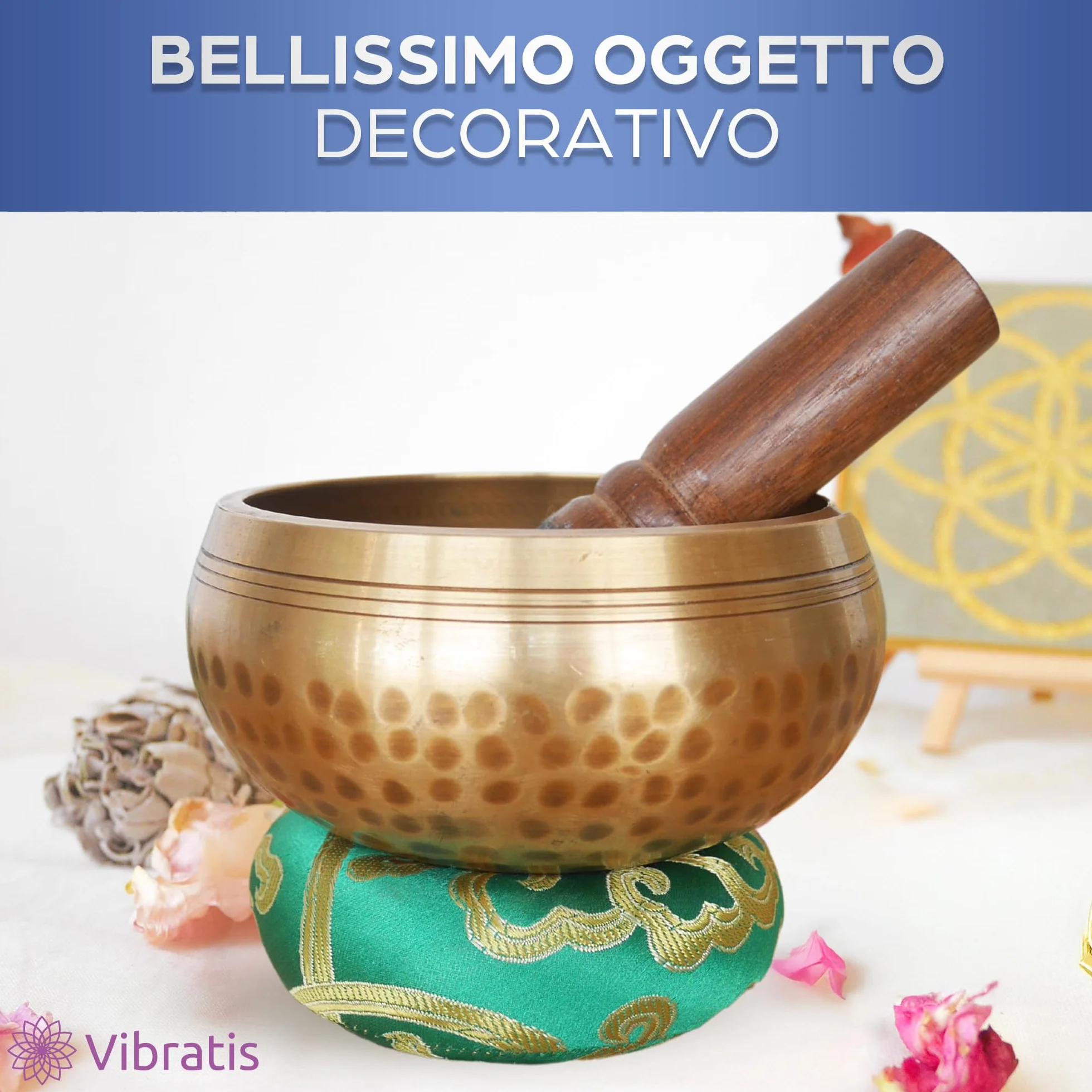 Campana Tibetana Artigianale + ebook - Fatta a Mano in Nepal - Cuscino, Mazzuolo di Legno, Scatola di Lokta - Meditazione - Rilassamento - Guarigione - Regalo Perfetto - Soddisfatti o Rimborsati Oro