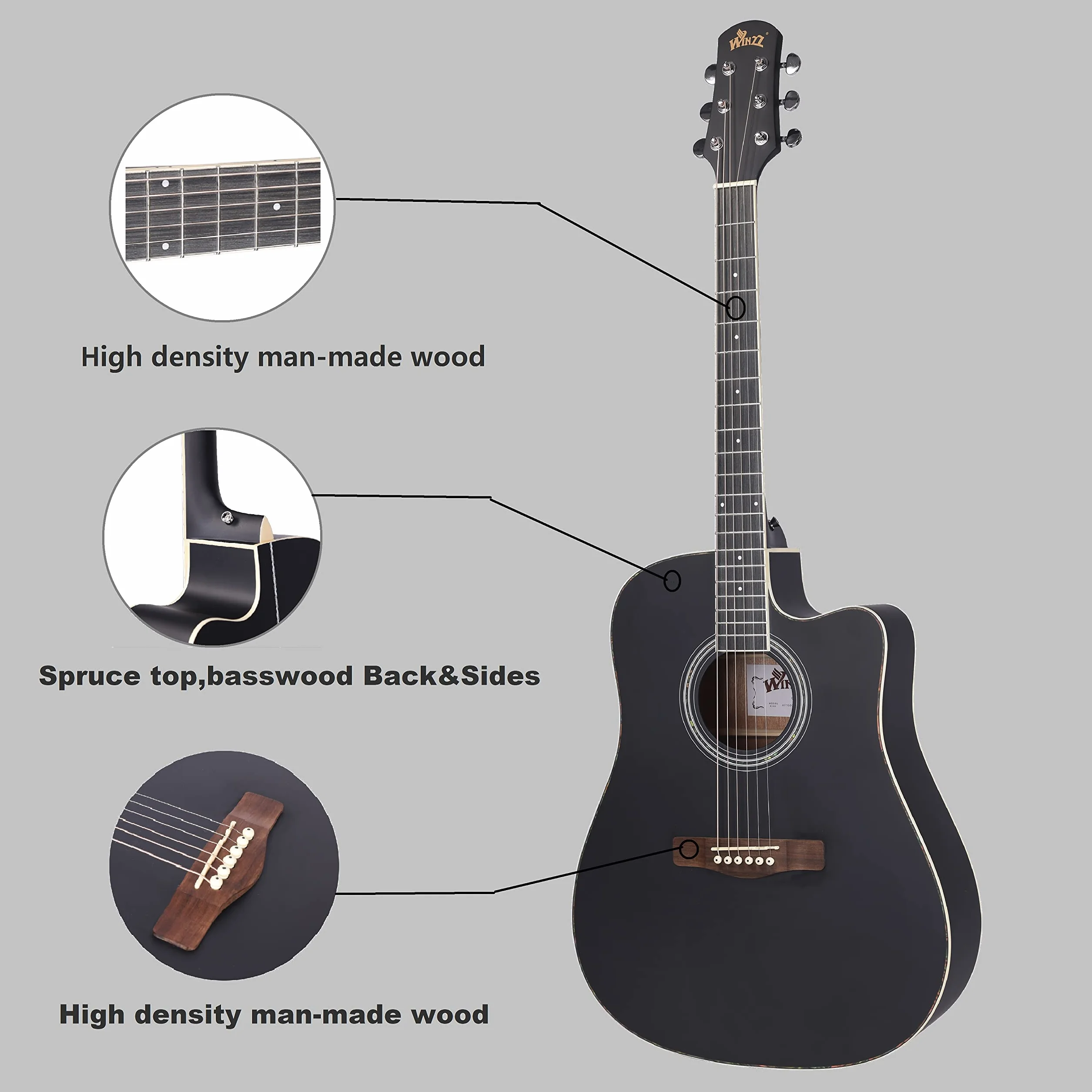 Winzz 41 Pollici Chitarra Acustica 4/4 Full Size per Adolescenti Adulti Principianti Set, Nero Cutaway