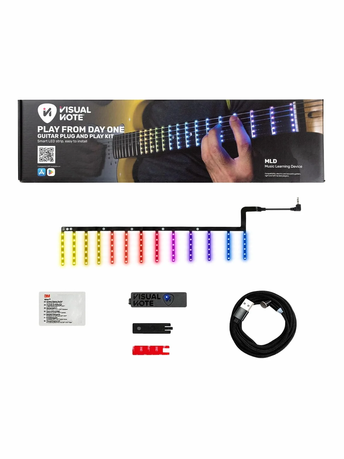 VISUAL NOTE KIT C, Dispositivo per Apprendimento e Insegnamento della Chitarra, Composto da una lamina LED RGB per la Tastiera e da un APP, compatibile con Chitarra Classica, Scala 650mm