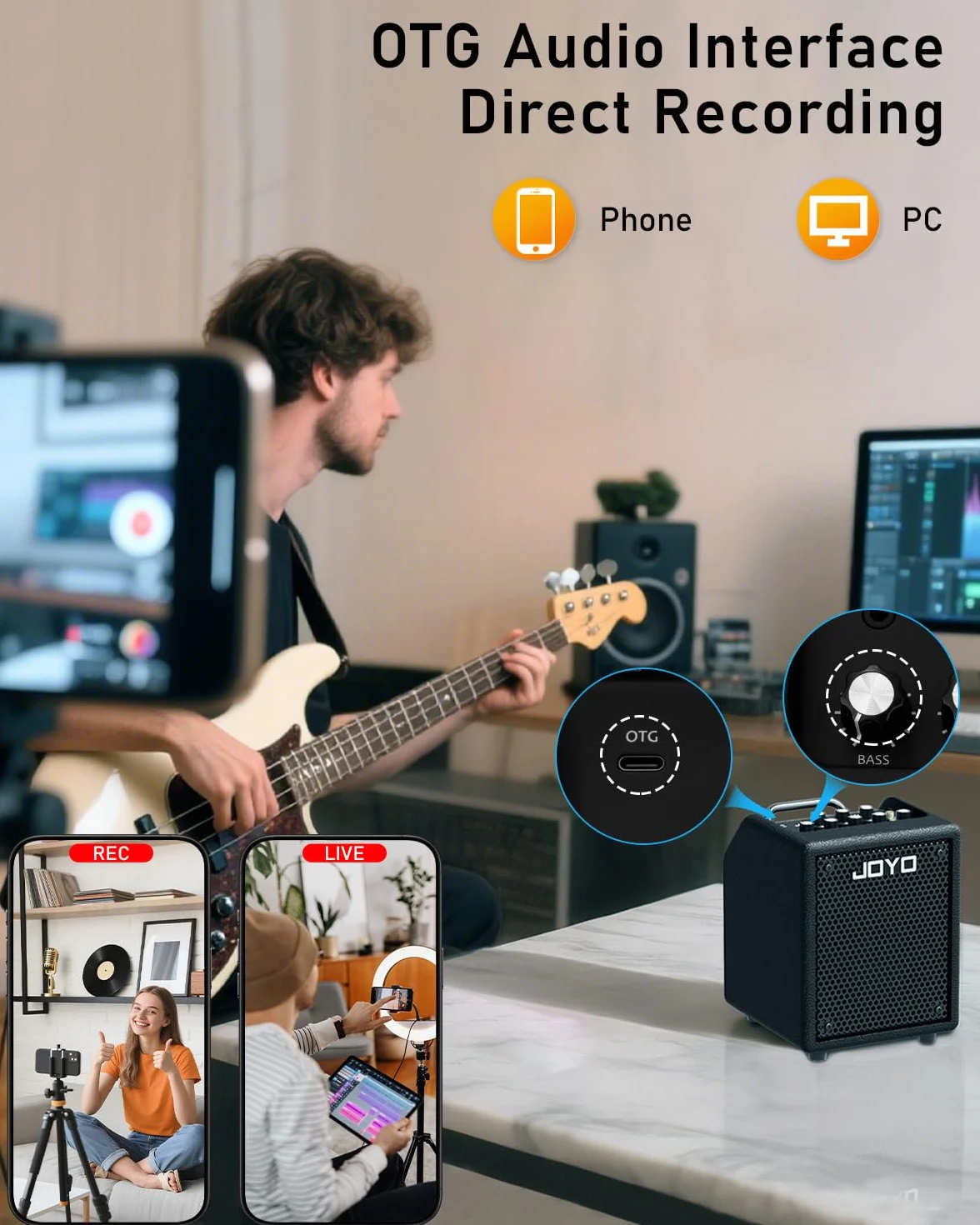 JOYO Altoparlante portatile da 30 W, con Bluetooth 5.1 + registrazione diretta OTG, EQ a 3 bande + compressore, esercizio di cuffie per bassisti, live streaming & solo (Vibe Cube BA-30, nero)