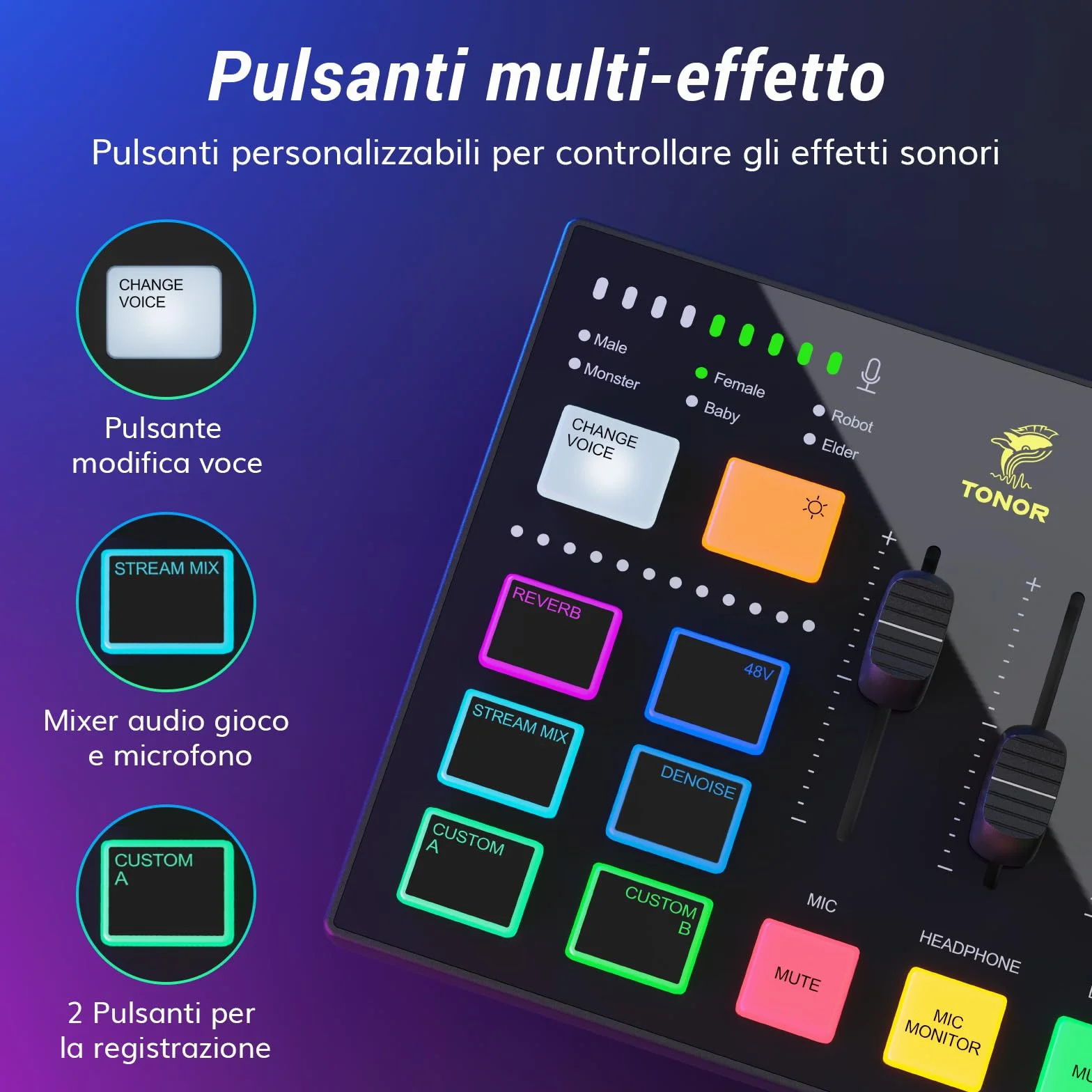 TONOR Gaming Mixer Audio PC, Mixer RGB con Canale XLR e 6,35 mm per Streaming, Podcast, Registrazione, Interfaccia Audio per TikTok, Youtube, Twitch, Controllo del Volume Individuale, Pulsante Mute