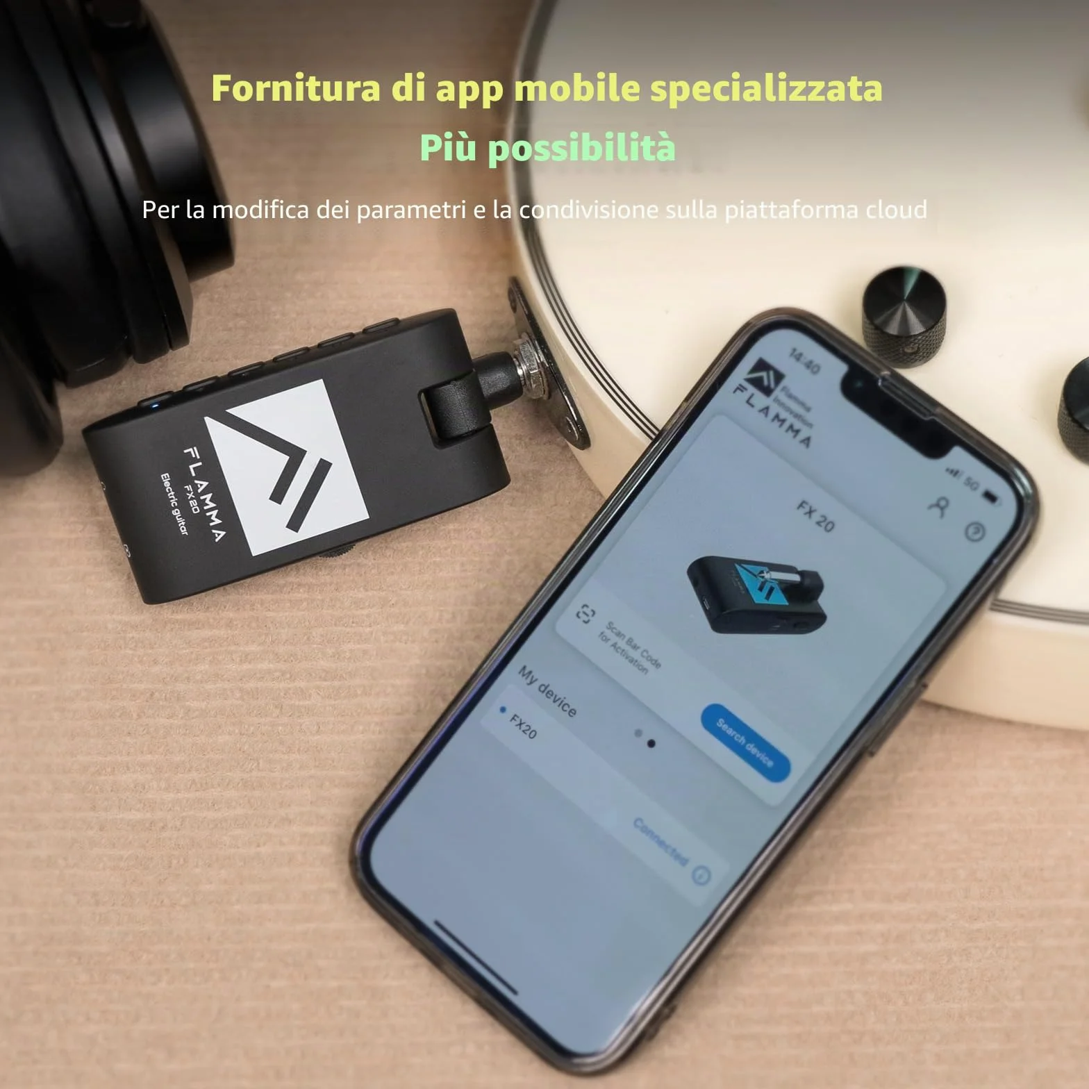 FLAMMA FX20 Amplificatore per cuffie per chitarra con APP 40 scanalature per batteria 52 modalità Amp 5 ritardo 5 effetti di riverbero 14 modulazioni per la registrazione pratica e la creatività