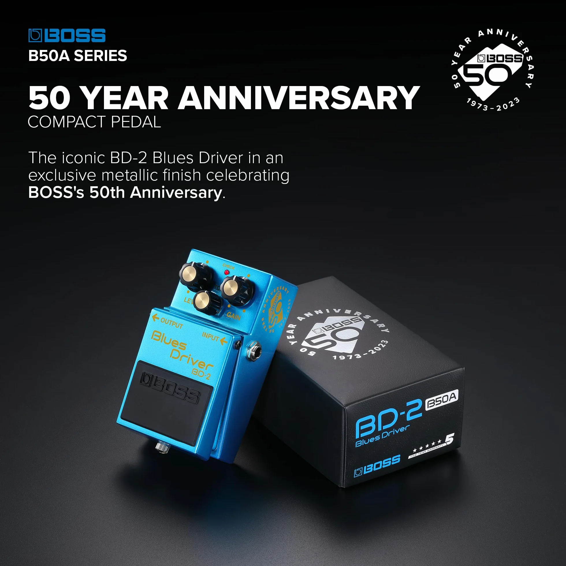 Pedale BOSS BD-2-B50A Blues Driver | Pedale Compatto in Edizione Limitata per il 50° Anniversario | Finitura Metallizzata, Vite in Argento, Manopole Dorate ed Emblema del 50° Anniversario