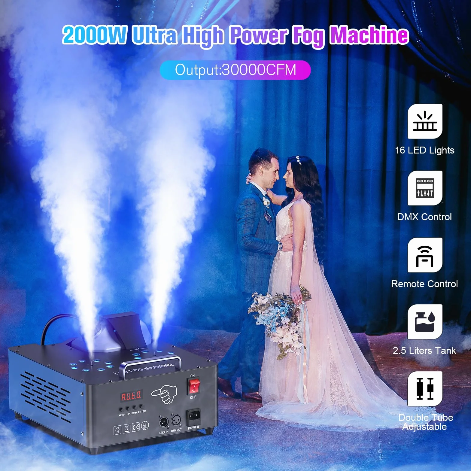 2000W Macchina del Fumo con 8+8 RGB Luci LED e Telecomando Wireless, Macchina Fumo Discoteca Fog Machine con Controllo d-mx512 per Halloween DJ Feste Nozze Natale e Effetti su Palco