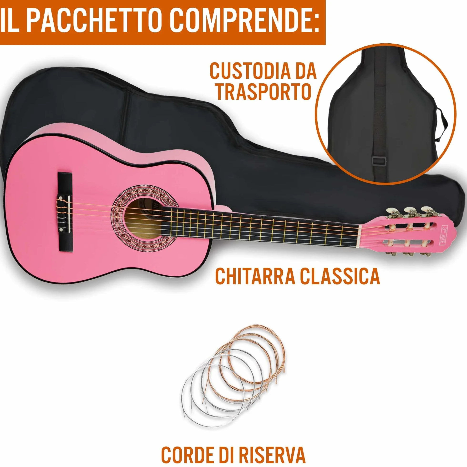 3rd Avenue Pacchetto Per Principianti Con Corde In Nylon Spagnole Per Chitarra Classica Da 1/2 Misura Per Bambini – 6 Mesi Di Lezioni Gratuite, Borsa, Corde – Rosa