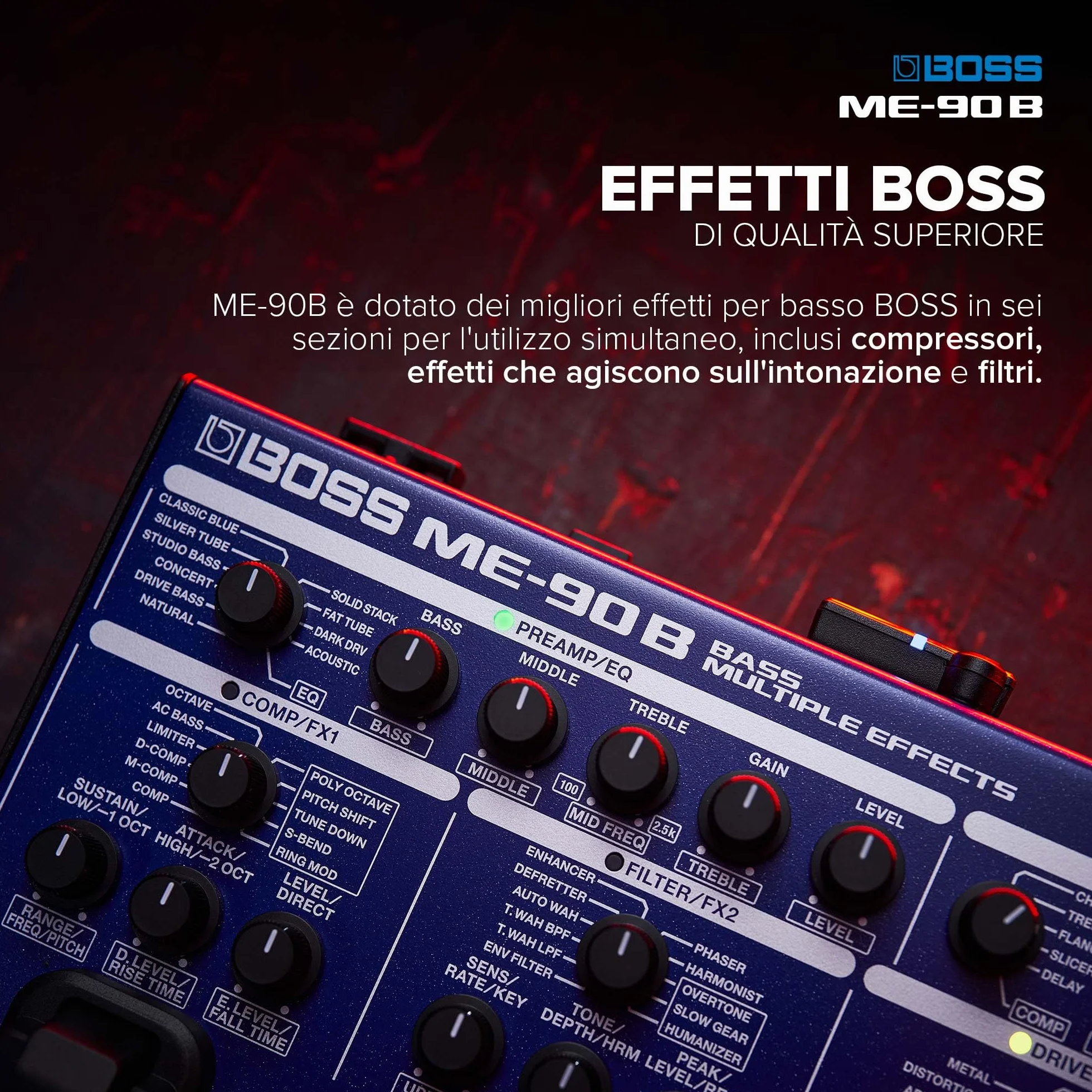 Multi-Effetto per Basso BOSS ME-90B | Processore Completo per il Basso | 10 Modelli di Ampli AIRD Interni | 61 Effetti derivati dalla Libreria di Effetti per Basso BOSS