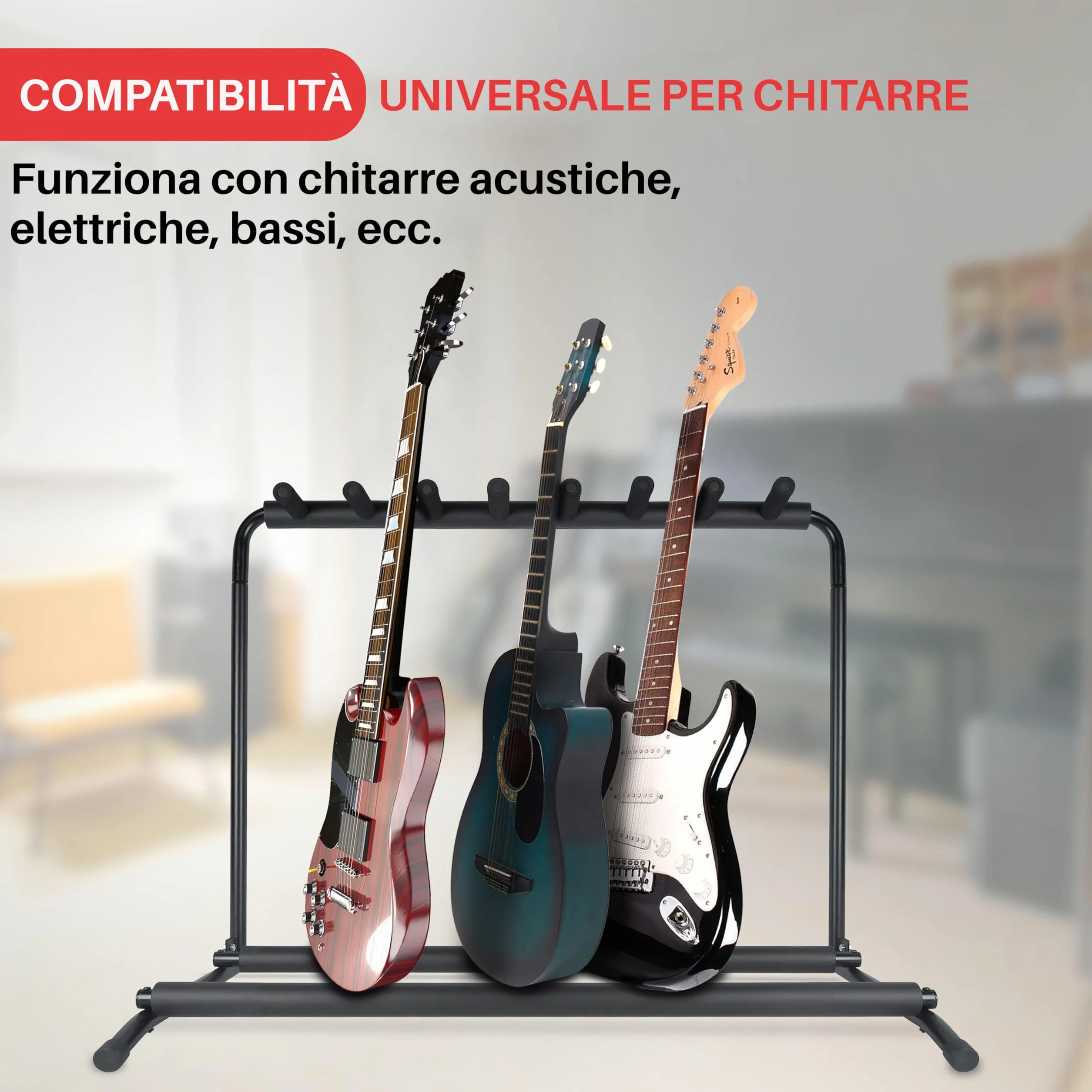 Pyle Supporto Chitarra a 7 Livelli e Pieghevole Universale, Porta Chitarra da Terra, Stand Chitarra, Poggia Chitarra, Guitar Stand con Fodera Antiscivolo in Gomma, Nero