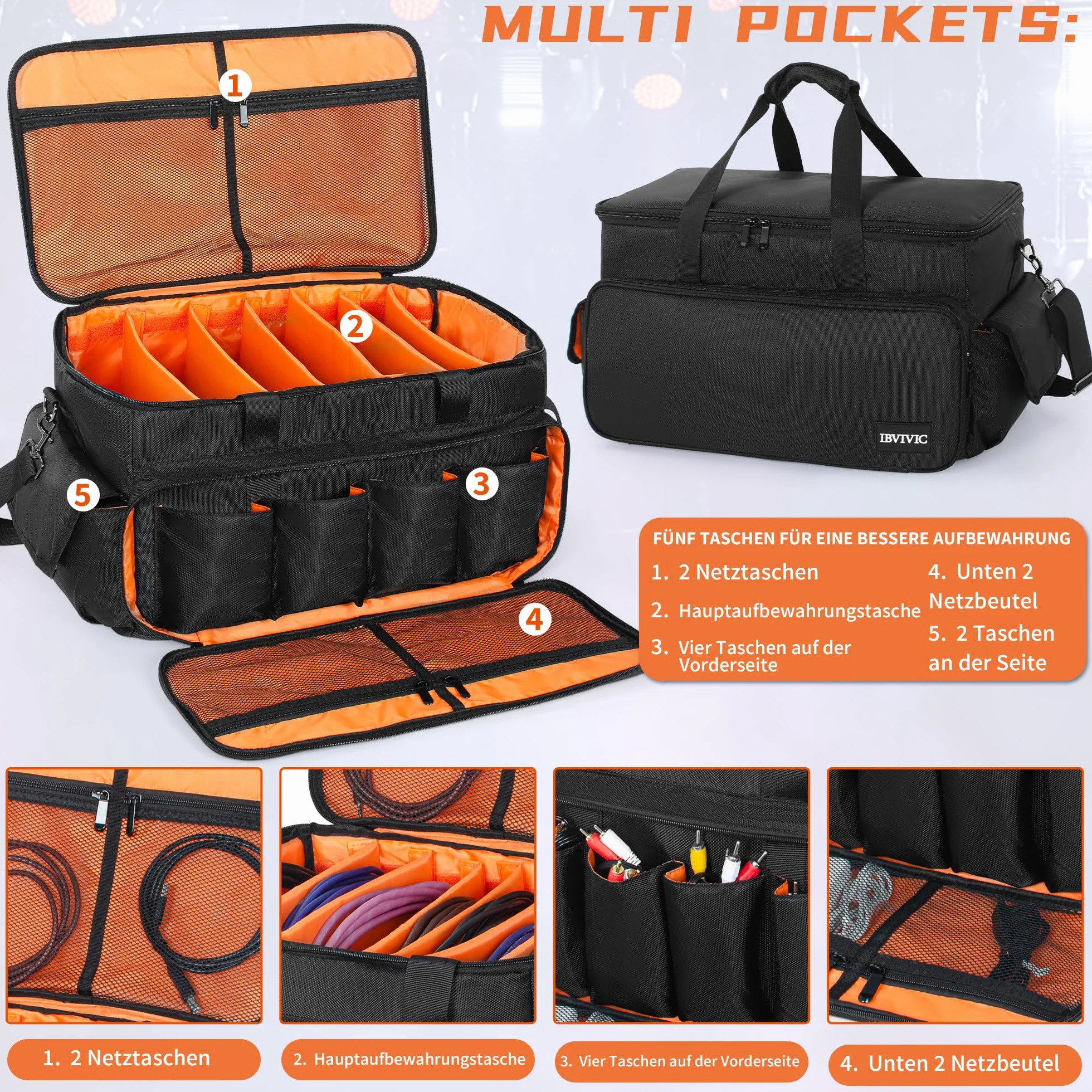 OUUTMEE Borsa per DJ, borsa portacavi, per attrezzatura musicale, 50 x 30 x 30 cm, fondo imbottito rimovibile e divisori, per attrezzatura DJ professionale, strumenti musicali e accessori