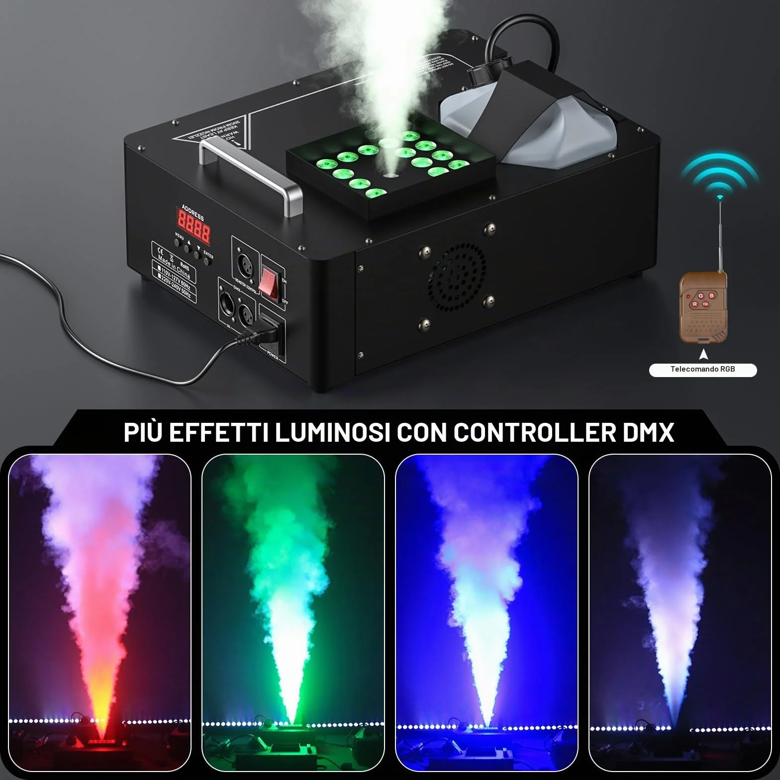24 LED Macchina del Fumo Portatile, 1800W Macchine Fumo Discoteca Luci LED RGBW e Telecomando Wireless, Fog Machine per DJ Feste Nozze Halloween Natale e Effetti su Palco