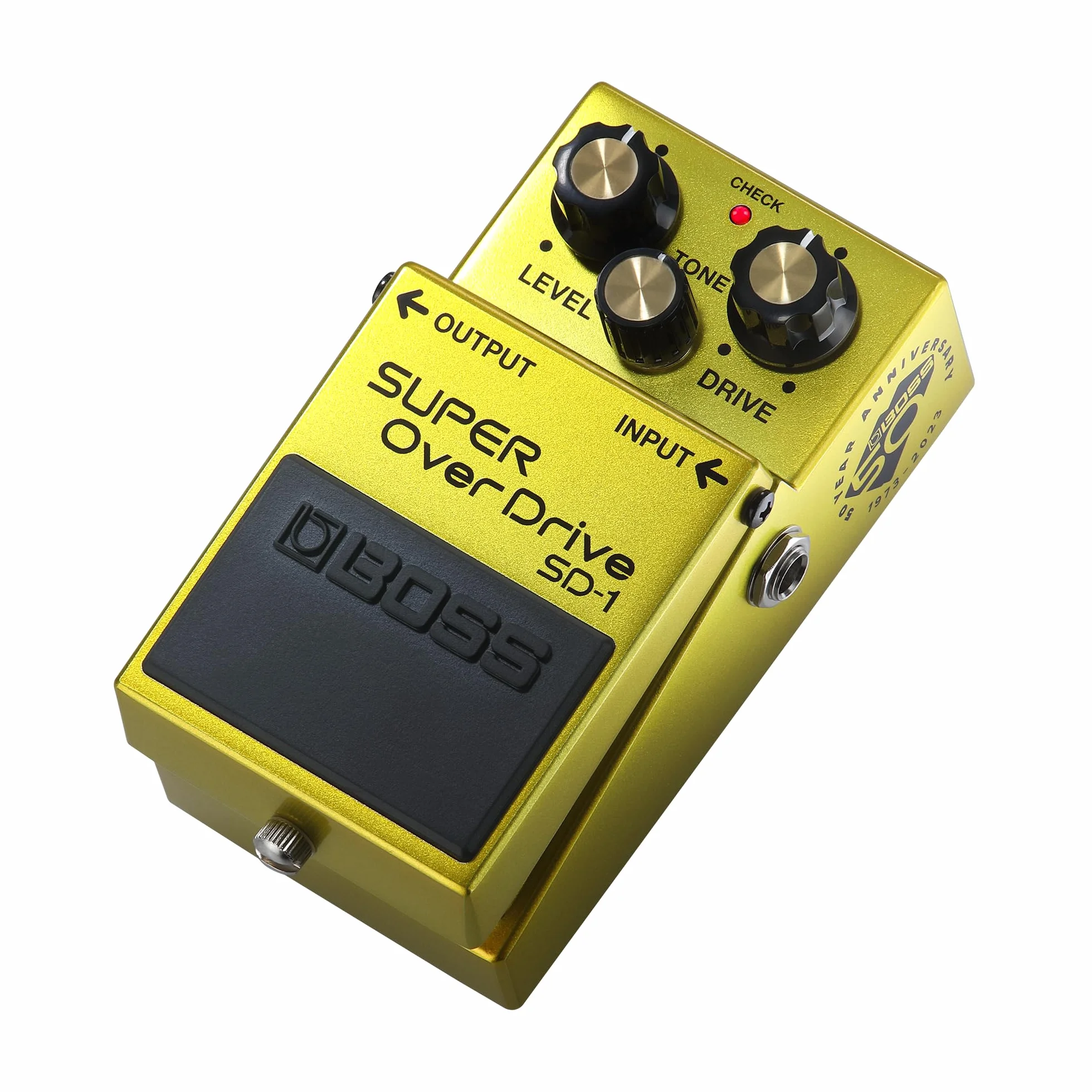 Pedale BOSS SD-1-B50A Super Overdrive | Pedale Compatto in Edizione Limitata per il 50° Anniversario | Finitura Metallizzata, Vite in Argento, Manopole Dorate ed Emblema del 50° Anniversario