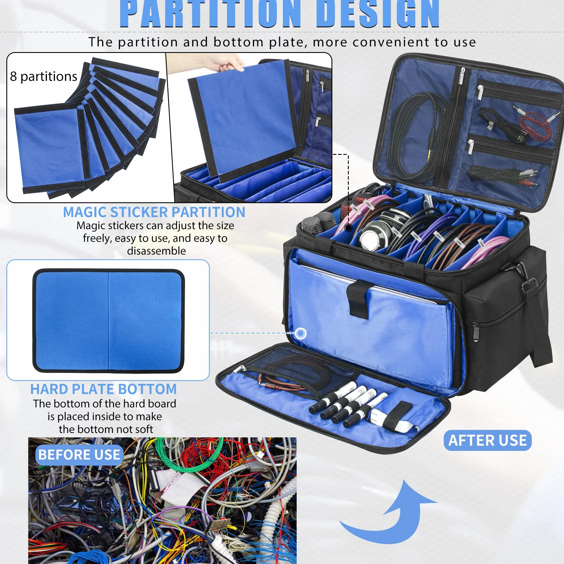 AKOZLIN Borsa per file da DJ con divisori staccabili e tasche inferiori per cavi per musicisti, borsa da viaggio per laptop da 15", attrezzatura professionale per DJ, strumenti audio e accessori per