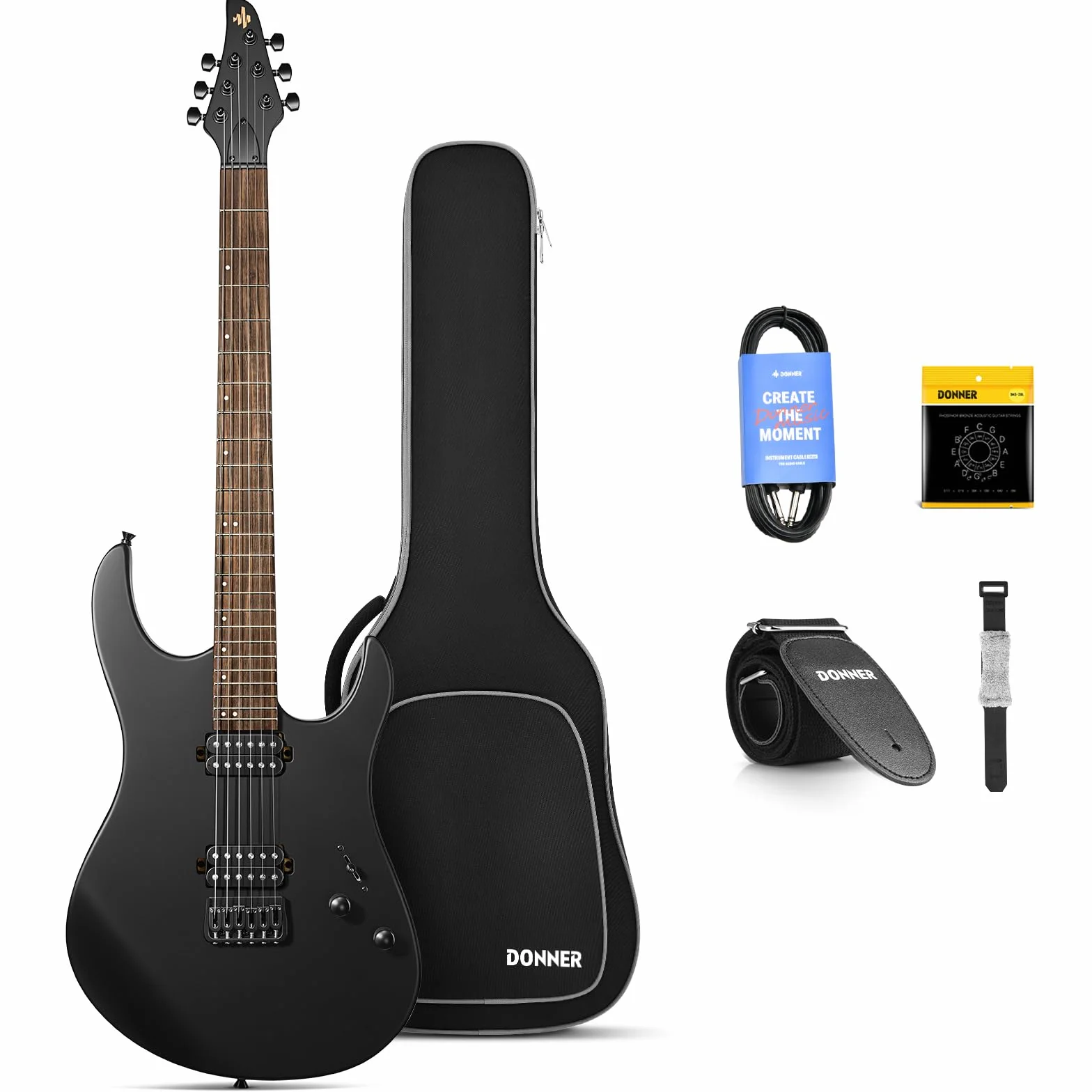 Donner Solid Body - Chitarra elettrica “DMT-100”, 39 pollici, in metallo, con pickup H-H, borsa, corde, cinghia, cavo, smorzatore, per gli amanti della musica rock (in nero)