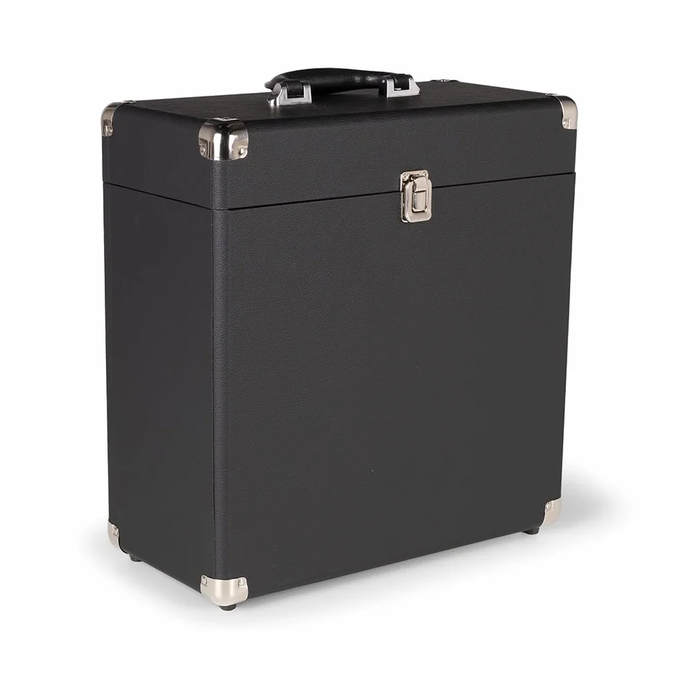 RC32 - Custodia per dischi in vinile, elegante e resistente, con morbida fodera in flanella, contiene 30-35 dischi, chiusura in metallo, cerniera e maniglia.