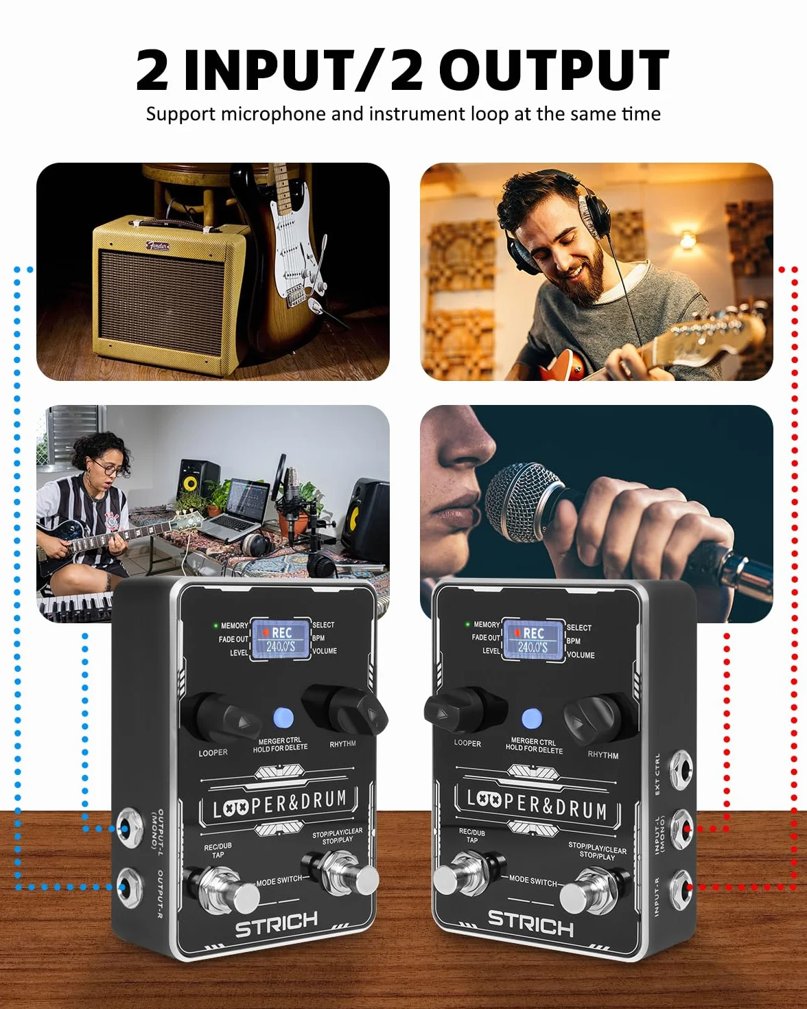 STRICH Pedale Looper stereo con drum machine, 100 modelli batteria, 160 minuti registrazione, USB audio, editing software