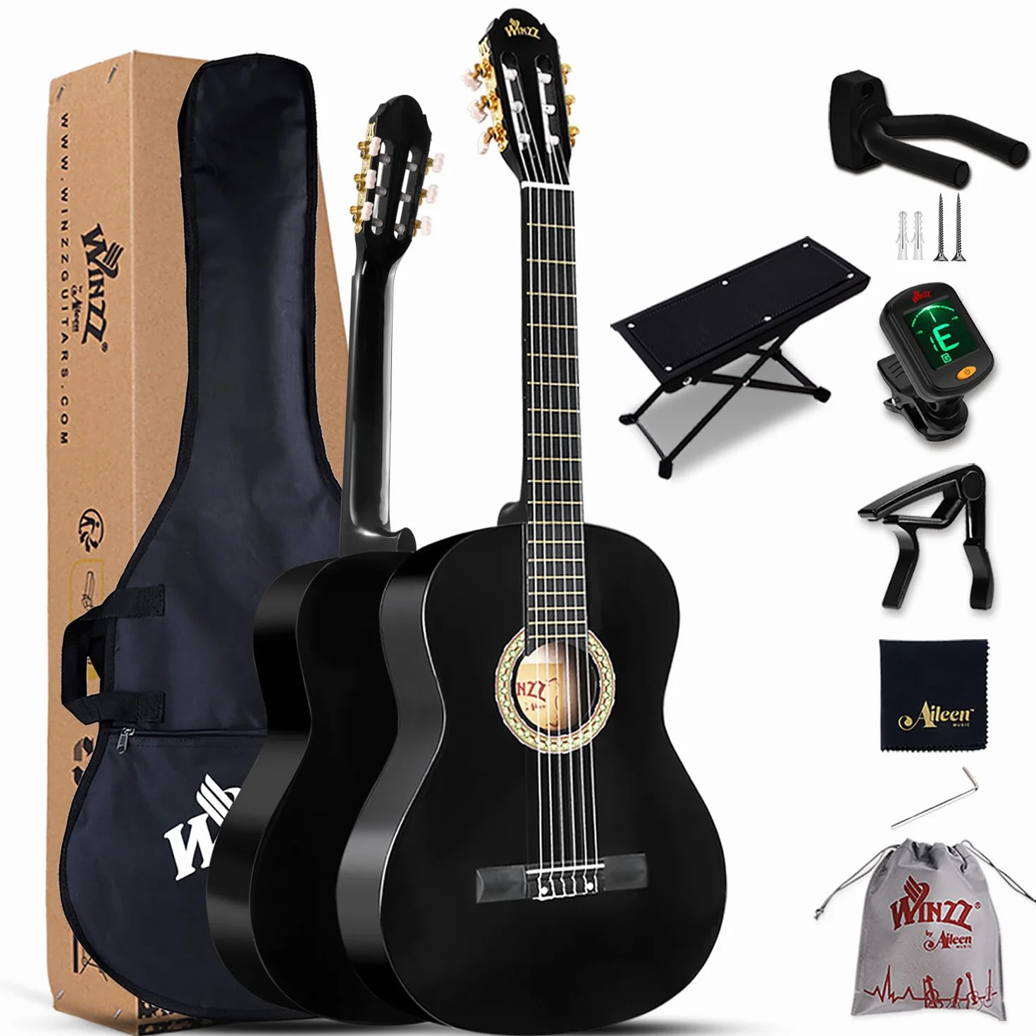 Winzz Chitarra Classica 4/4 Adulto Nero, Chitarra Acustica Spagnola per Bambini 12+ Anni, Kit Chitarra Principianti 8 Accessori con Poggiapiedi, Porta da Muro, Corde di Nylon (39 Pollici, Lucido)
