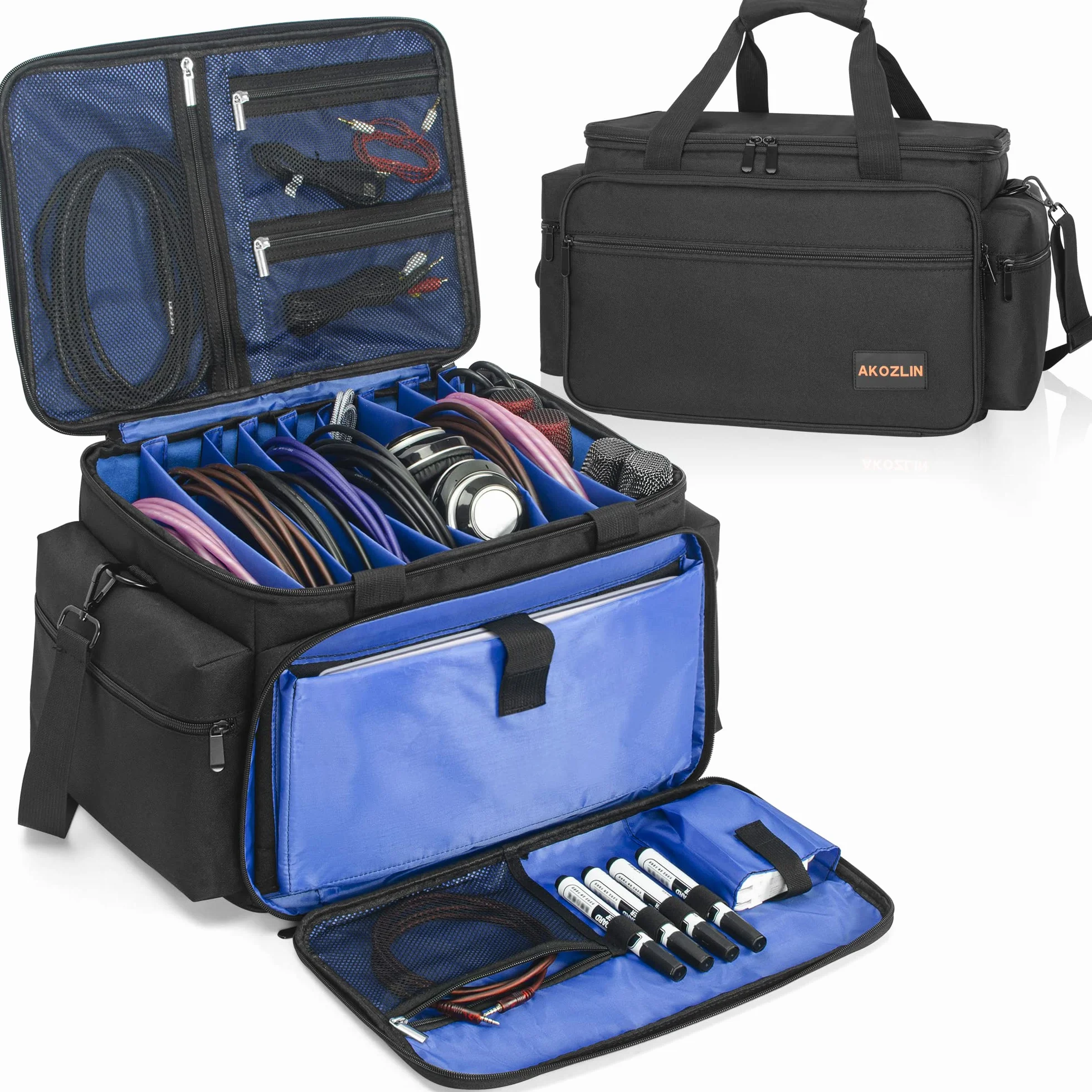 AKOZLIN Borsa per file da DJ con divisori staccabili e tasche inferiori per cavi per musicisti, borsa da viaggio per laptop da 15", attrezzatura professionale per DJ, strumenti audio e accessori per