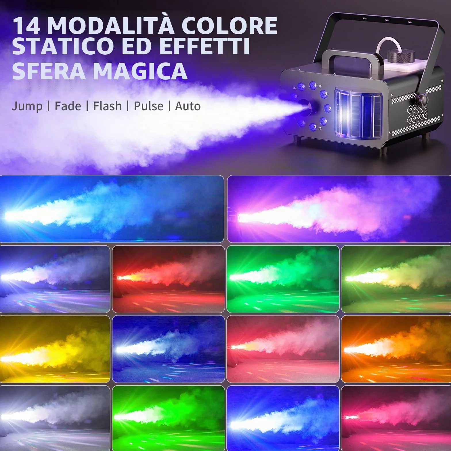 Macchina per il fumo da 1200 W, con effetto magico a sfera e 9 LED RGB, 4 modalità dinamiche + 14 colori ambientali statici, telecomando senza fili, per DJ, Halloween, eventi sul palcoscenico