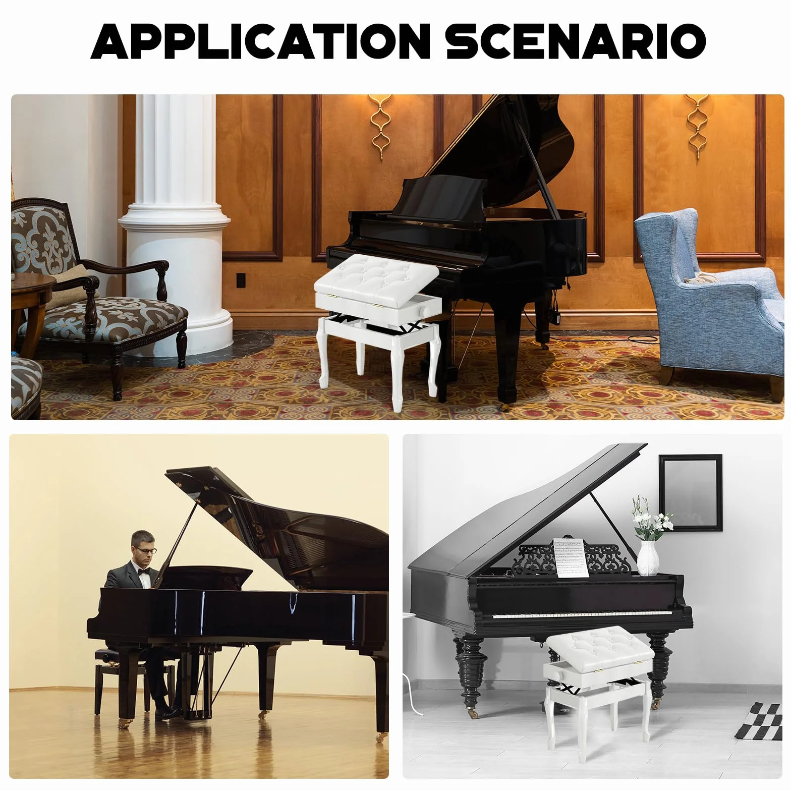 Sgabello per pianoforte, panca per pianoforte a 10 bottoni in pelle sintetica ispessita, panca per pianoforte regolabile in altezza in legno massello con gambe curve, sgabello bianco con