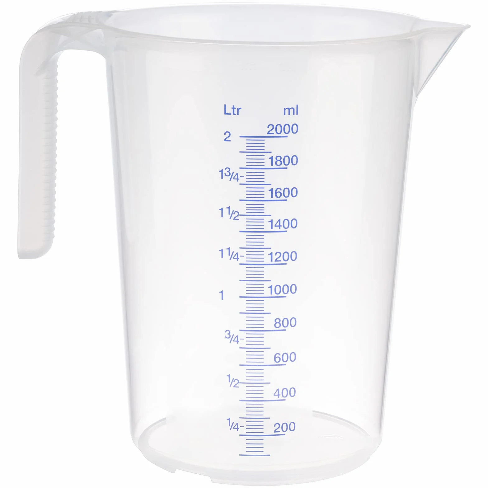 APS Misurino da 2 litri, diametro 15 x altezza 20,5 cm, bicchiere in plastica con scala esterna in rilievo, manico aperto, graduazione L/ml, lavabile in lavastoviglie