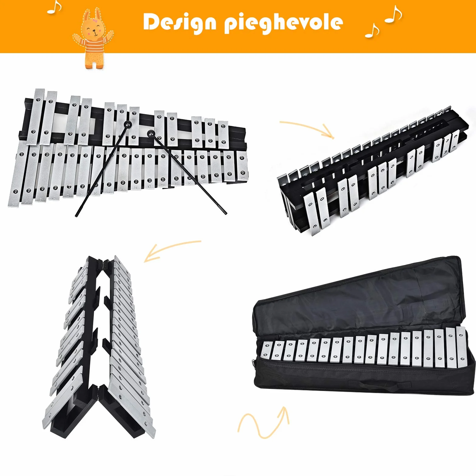 GOPLUS Xilofono con 30 Tasti, Metallofono Pieghevole con Borsa, Strumento Musicale a Percussione con Cornice di Legno, Perfetto per Studenti, Principiante e Amanti della Musica, Nero e Argento