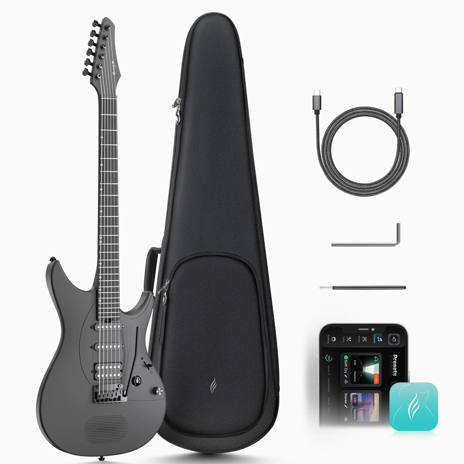 Enya Inspire 39" chitarra elettrica intelligente in fibra di carbonio | Altoparlante da 15W, 20 timbri diversi e preset già impostati. Inclusi cavo di ricarica, chiave e custodia(nero)