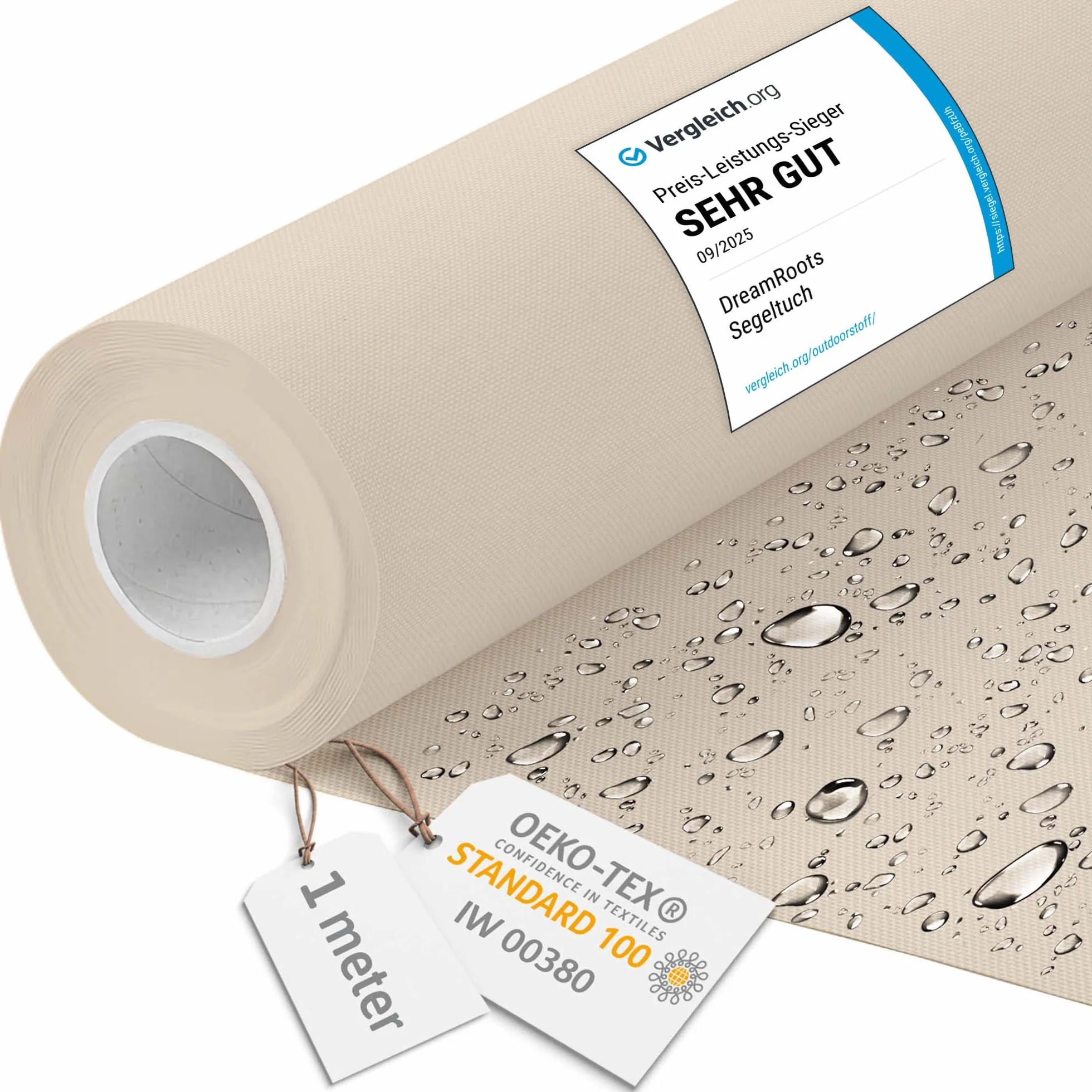 DreamRoots Tessuto Impermeabile al metro 160 cm Larghezza, 220 g/m² 600D, Stoffa per Cuscini Esterni - Crema 1M
