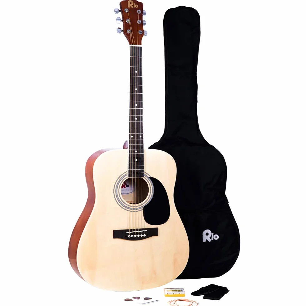 Rio Natural 4/4 Full Size 41 Pollici Chitarra Acustica Pacchetto Outfit Principiante Dreadnought Corda d'acciaio - NUOVO (Naturale)