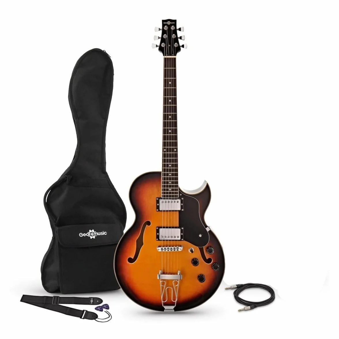 Gear4music Chitarra jazz semi acustica Hollowbody con borsa da concerto e cavo